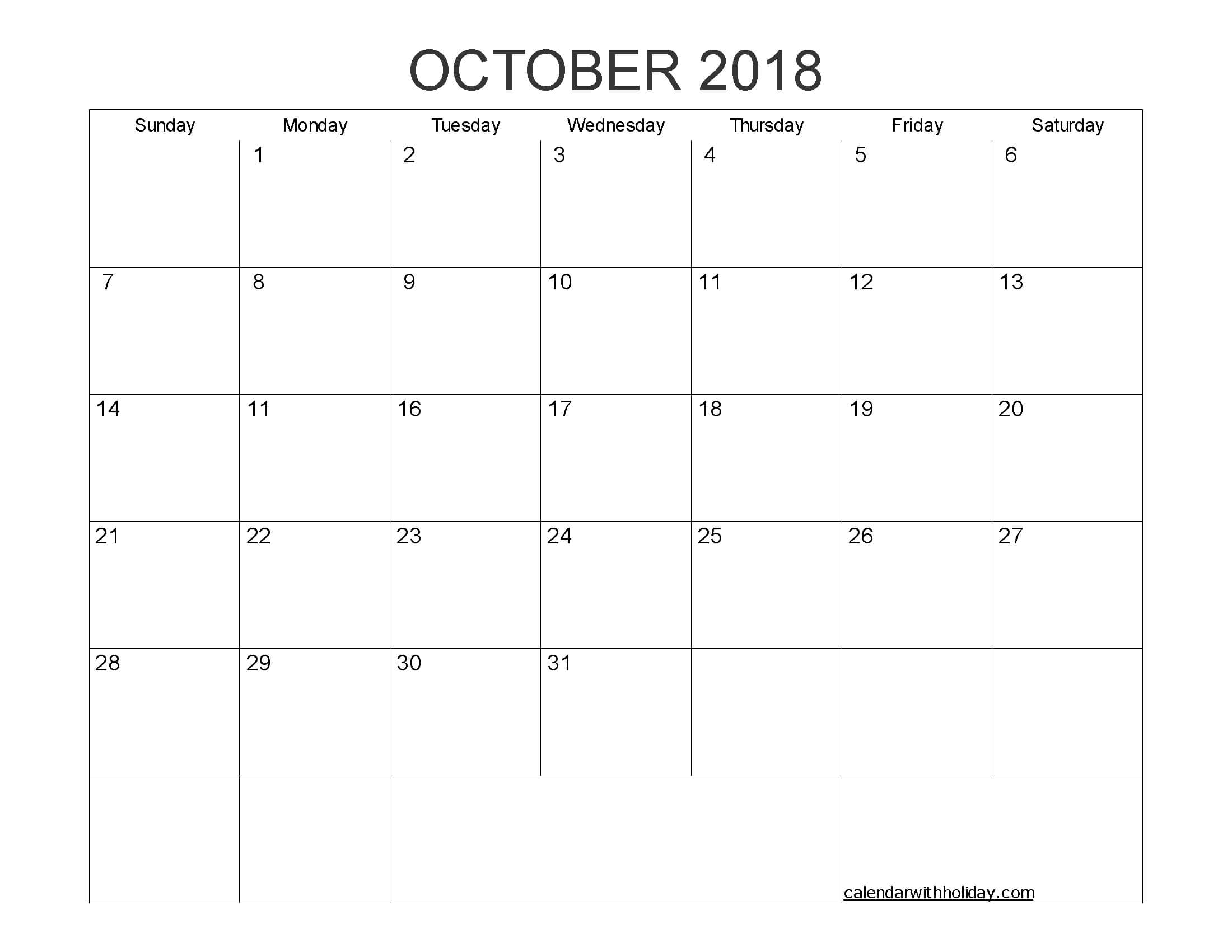 Blank Calendar October 2018 Printable 1 Month Calendar In Blank One Month Calendar Template