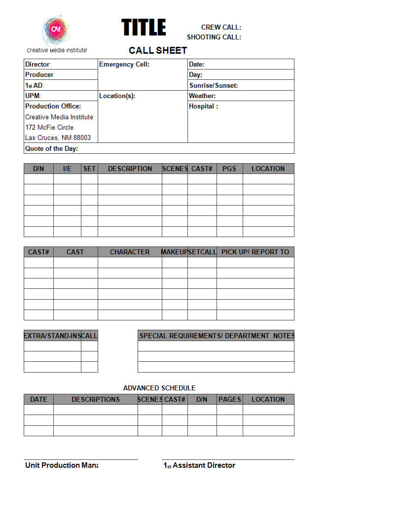 Blank Call Sheet Template - Atlantaauctionco With Blank Call Sheet Template