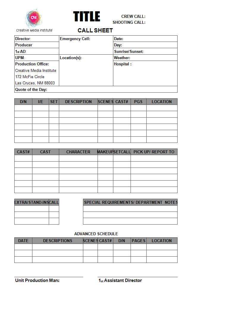 Blank Call Sheet Template – Atlantaauctionco With Blank Call Sheet Template