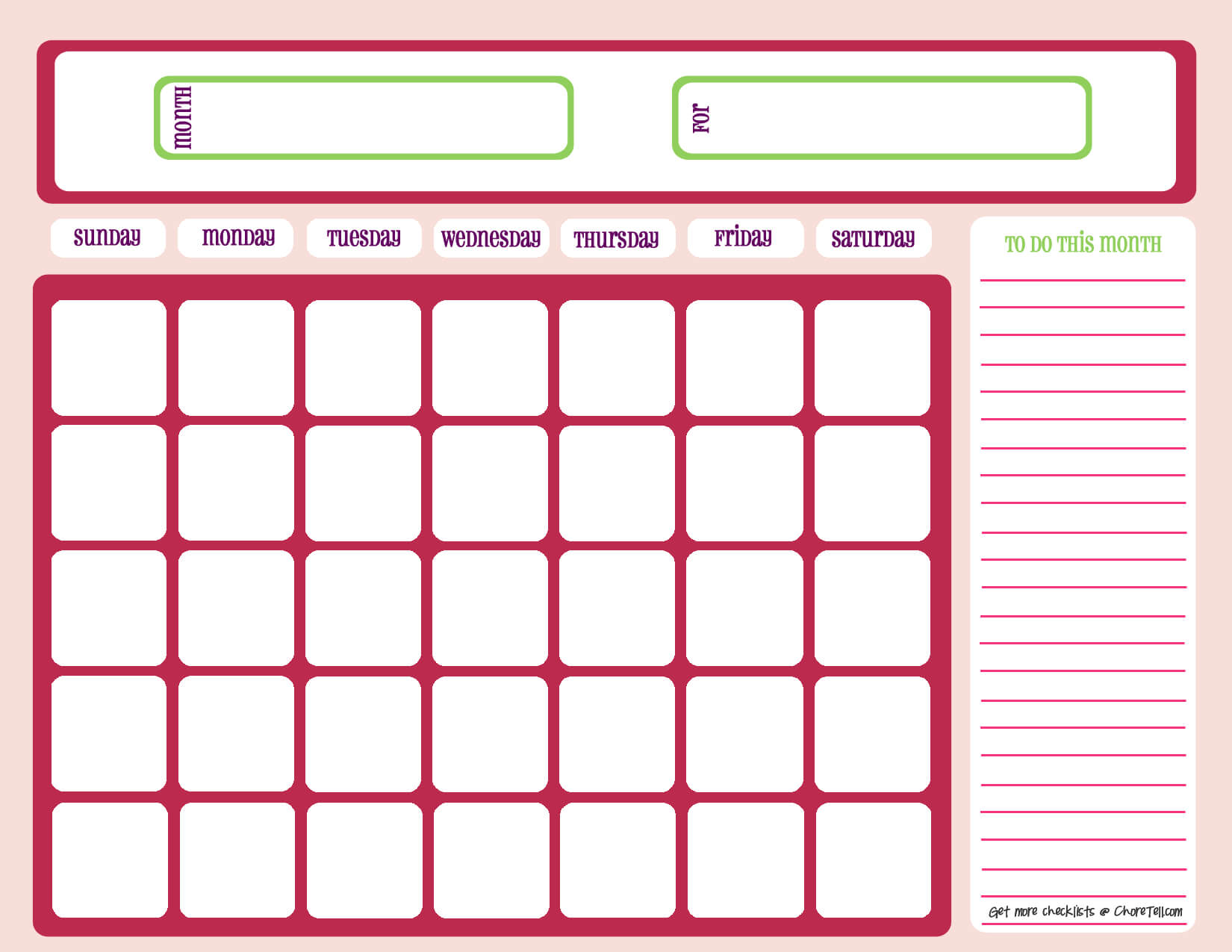 Blank One Month Calendar Template