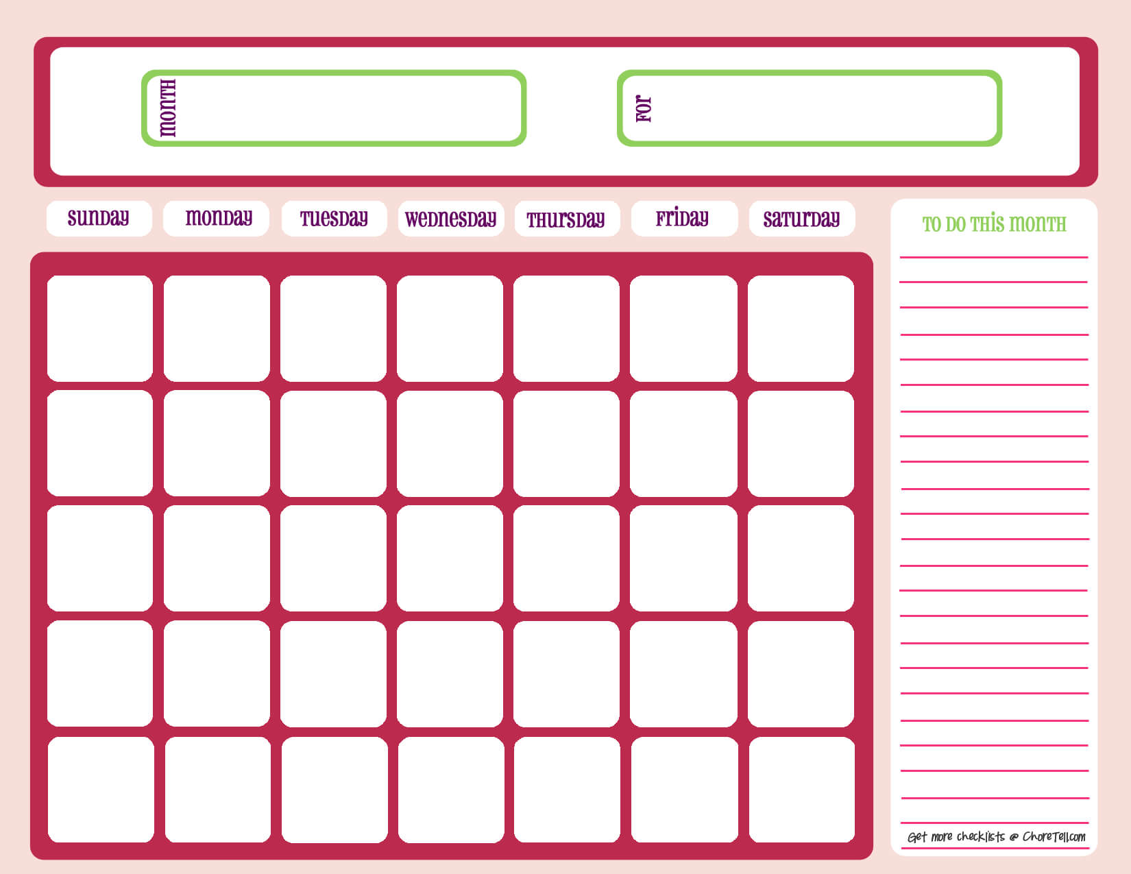 Blank Month Calendar – Pinks – Free Printable Downloads From With Blank One Month Calendar Template