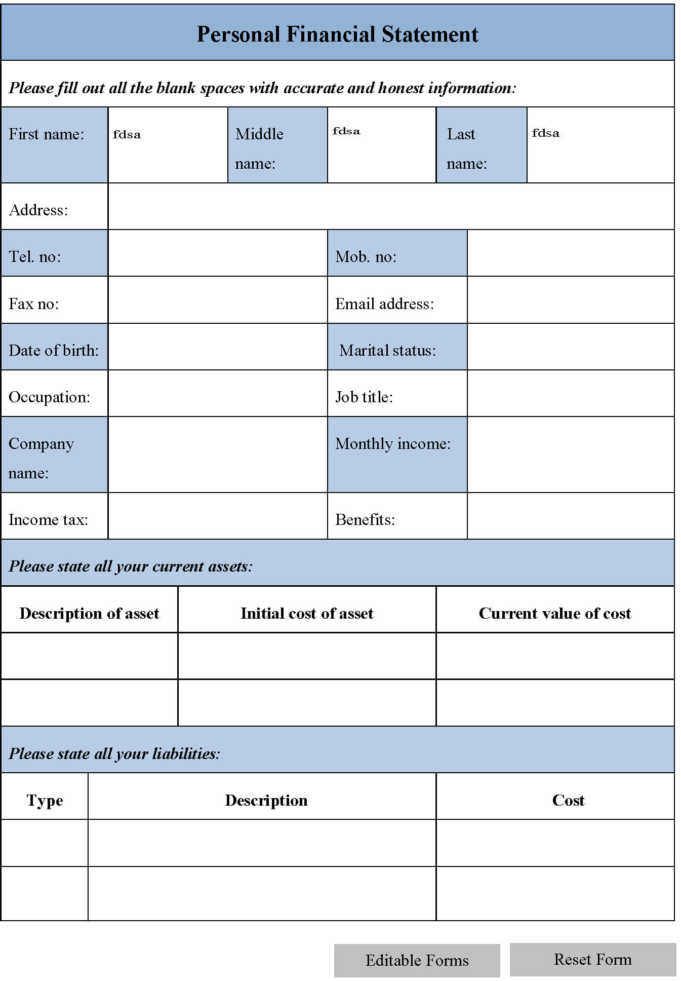 Blank Personal Financial Statement Form | Editable Forms Within Blank Personal Financial Statement Template