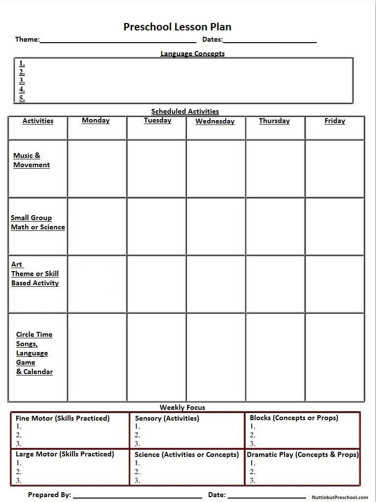 Blank Preschool Weekly Lesson Plan Template |  My In Blank Preschool Lesson Plan Template