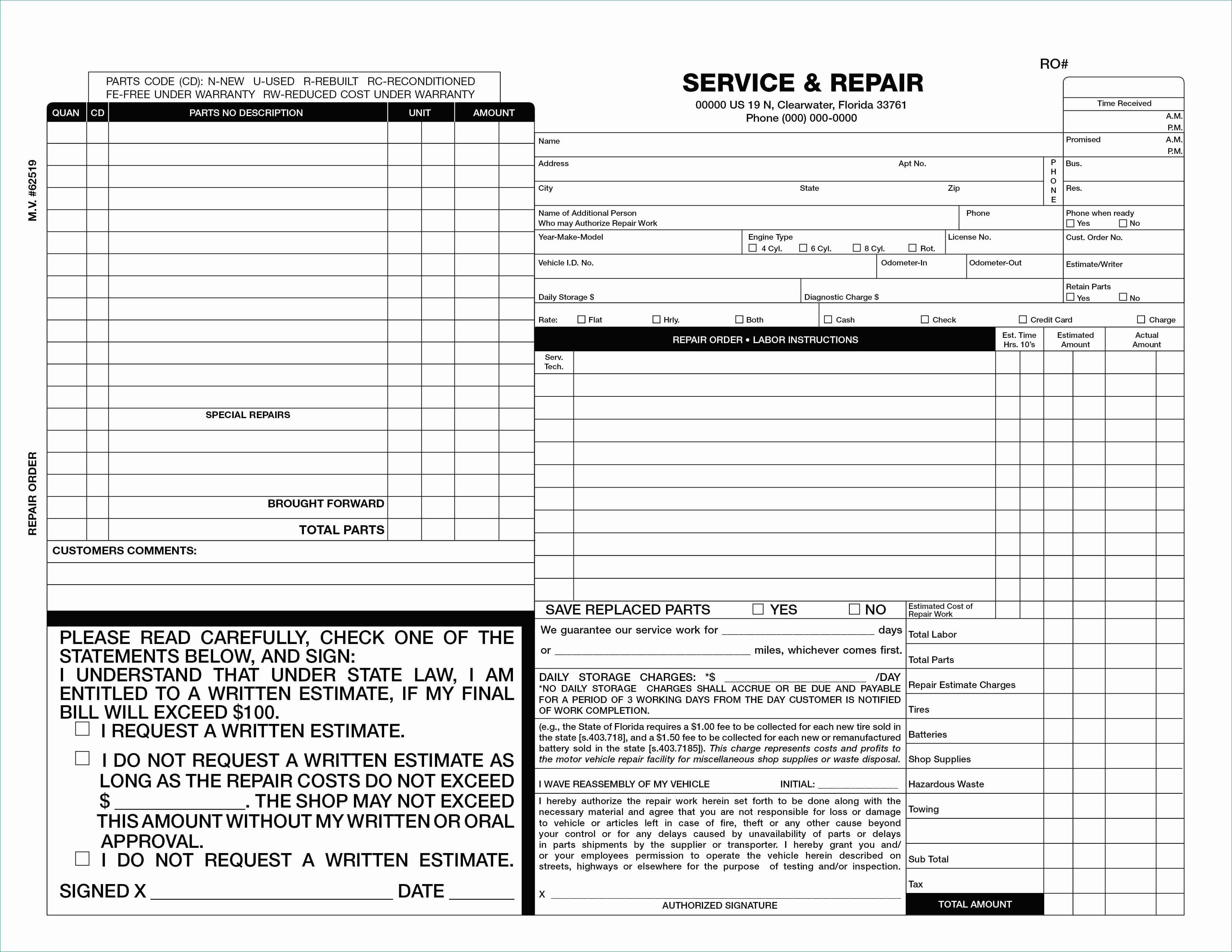 Body Shop Invoice Template Example Estimate Form Ordinary 50 Pertaining To Blank Estimate Form Template