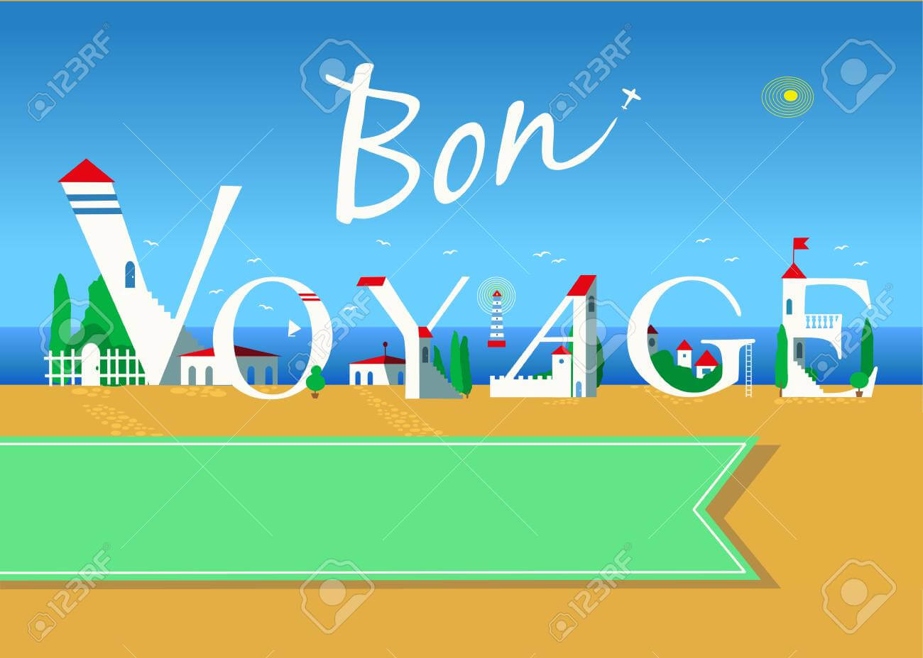 Bon Voyage. Travel Card. White Buildings On The Summer Beach Inside Bon Voyage Card Template