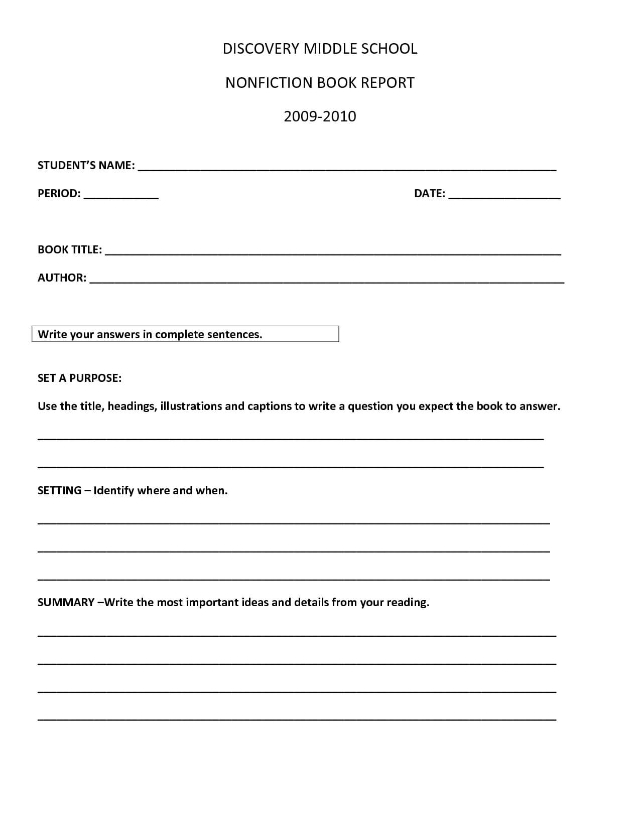 Book Report Template | Discovery Middle School Nonfiction In Book Report Template High School