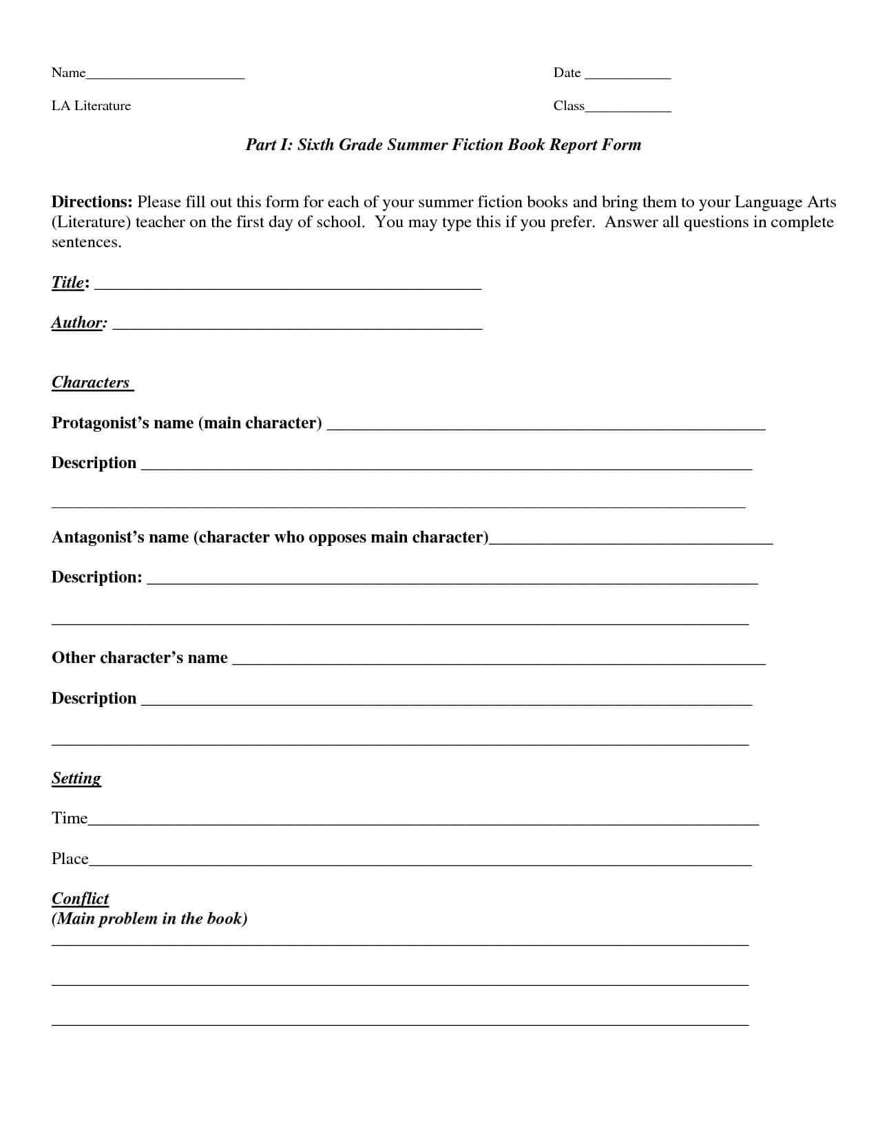 Book Report Template | Part I Sixth Grade Summer Fiction For 6Th Grade Book Report Template