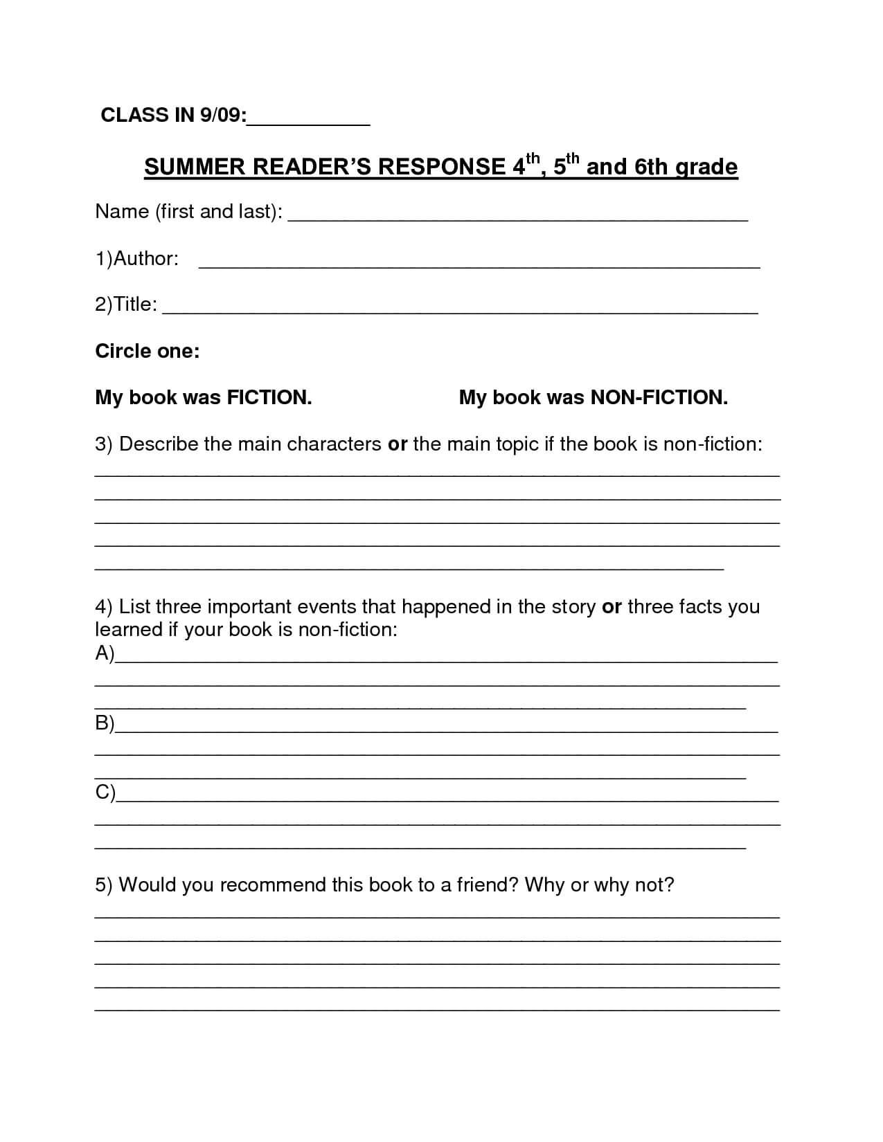Book Report Template | Summer Book Report 4Th  6Th Grade For Book Report Template 3Rd Grade