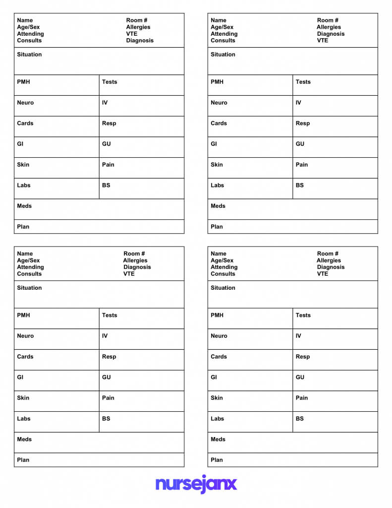 Brain Nursing Report Sheet (4 Patients Per Page) – Nursejanx Regarding Nursing Report Sheet Template