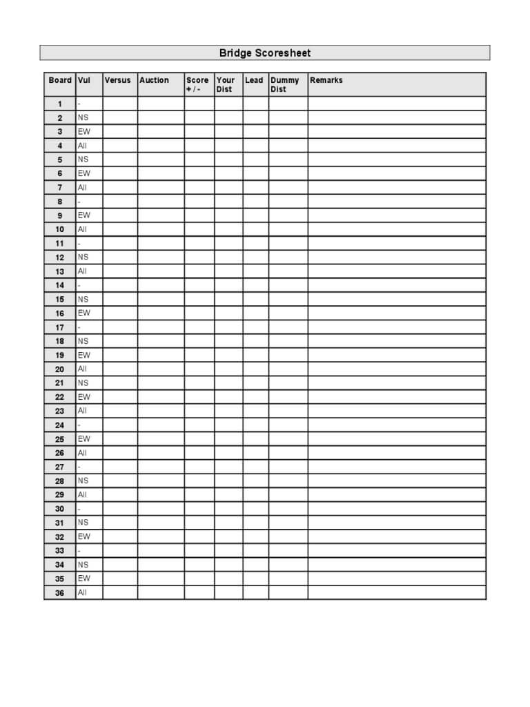 Bridge Score Sheet - 6 Free Templates In Pdf, Word, Excel For Bridge Score Card Template