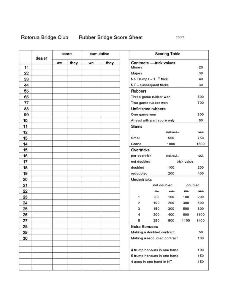 Bridge Score Sheet – 6 Free Templates In Pdf, Word, Excel Intended For Bridge Score Card Template
