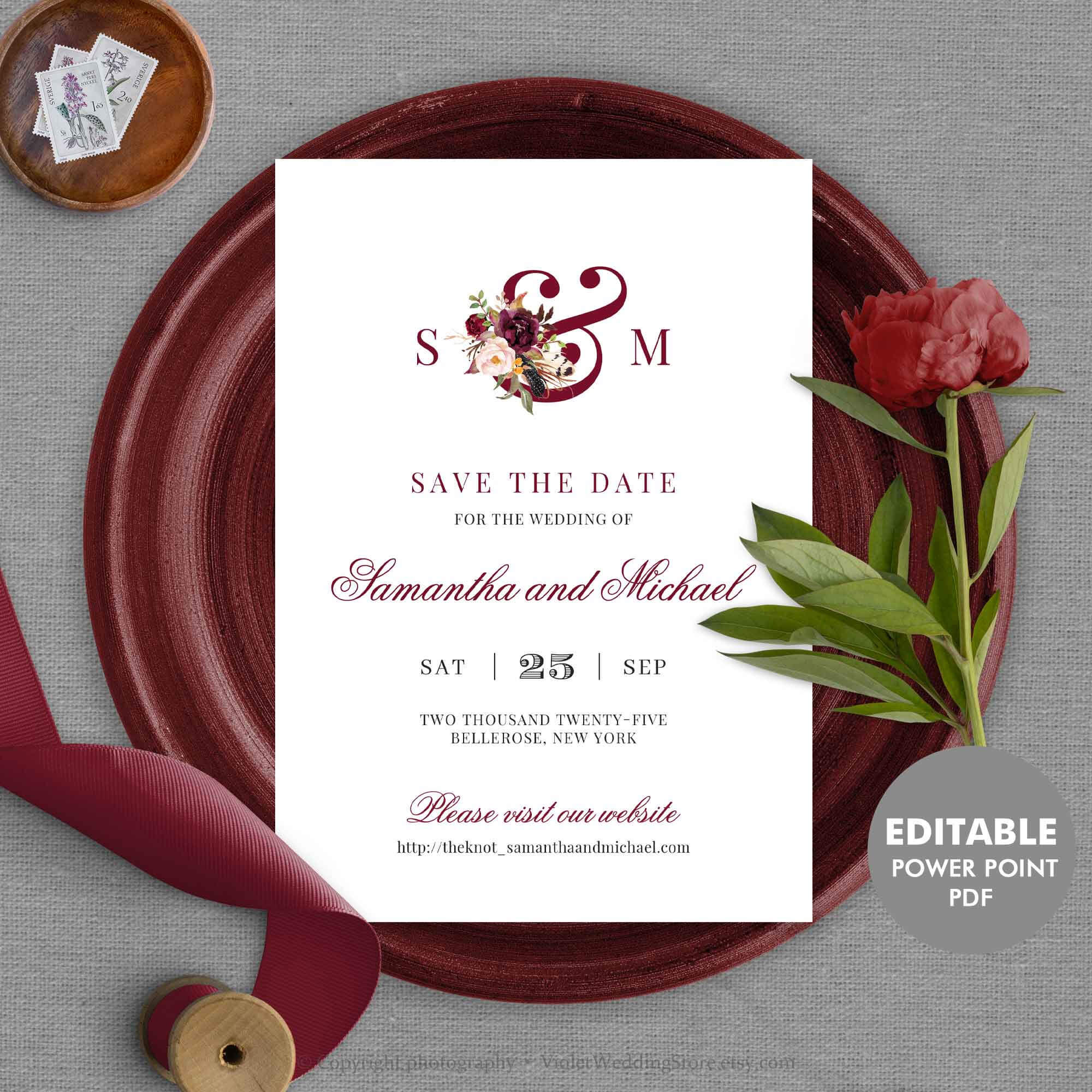 Burgundy Save The Date Card Template, Editable Monogram Save The Date,  Printable Wedding Save The Date Instant Download Mar1 For Save The Date Powerpoint Template