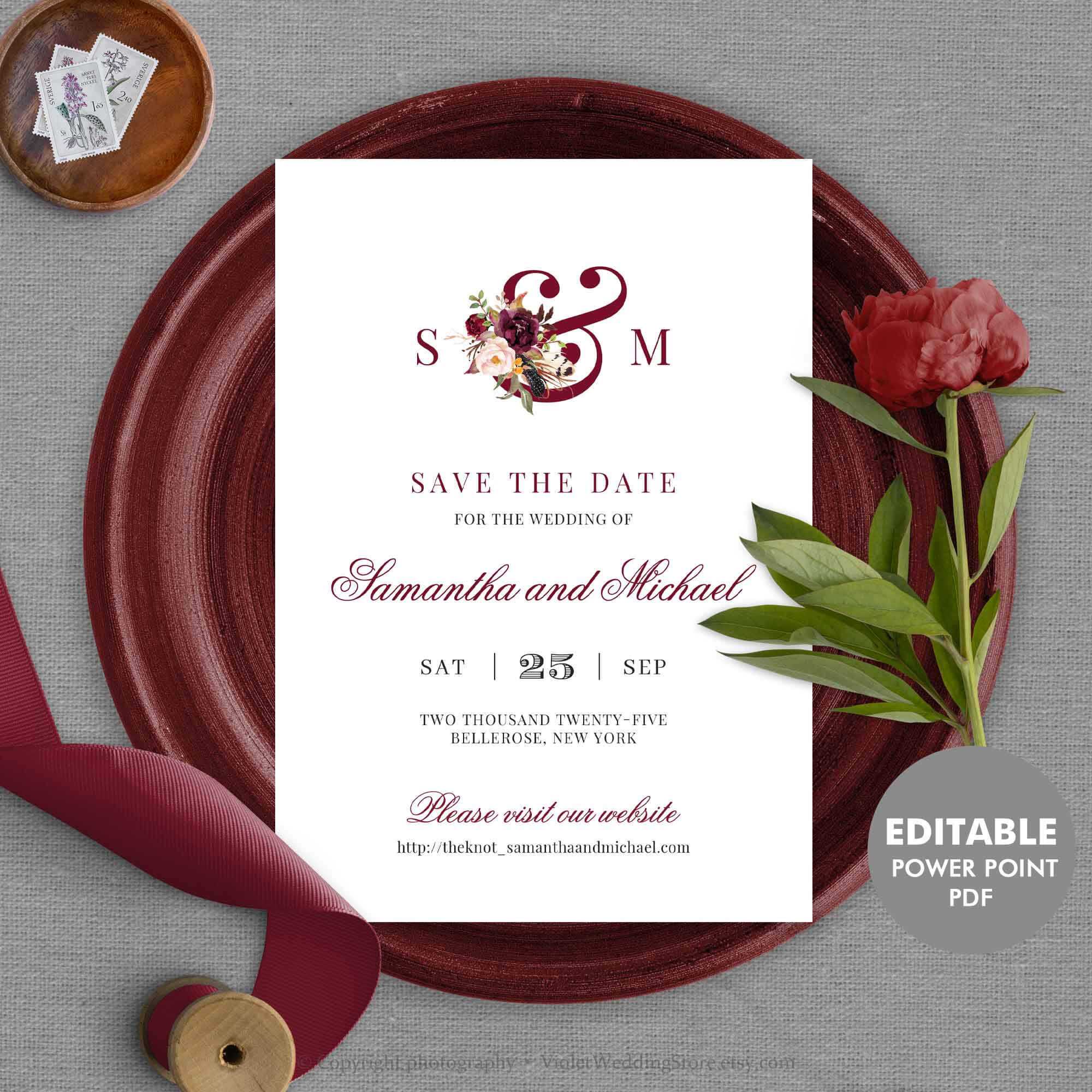 Burgundy Save The Date Card Template, Editable Monogram Save The Date,  Printable Wedding Save The Date Instant Download Mar1 For Save The Date Powerpoint Template