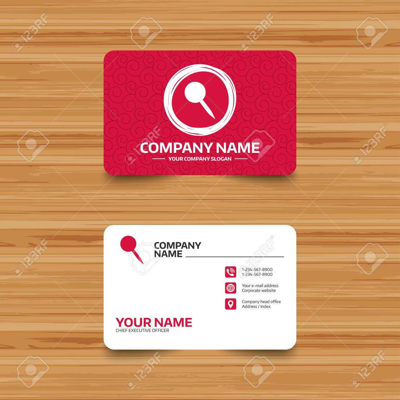 Business Card Template With Texture. Pushpin Sign Icon. Pin Button Inside Push Card Template