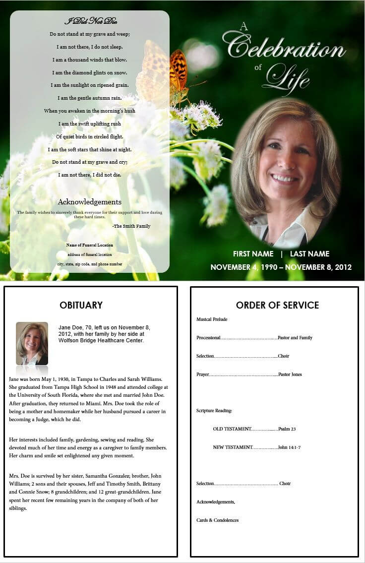 Butterfly Memorial Program | Funeral Program Template Free With Regard To Memorial Brochure Template