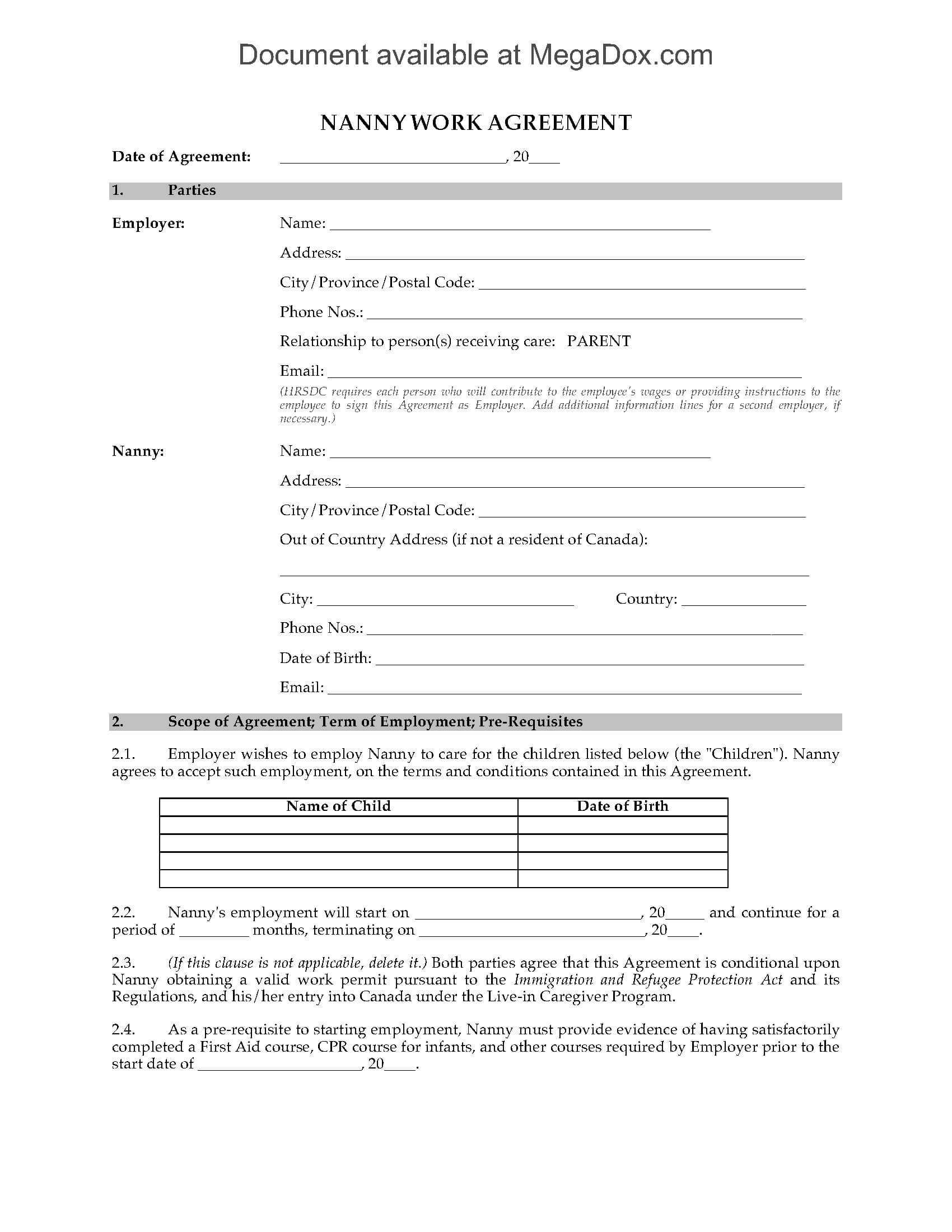 Canada Nanny Employment Agreement With Regard To Nanny Contract Template Word