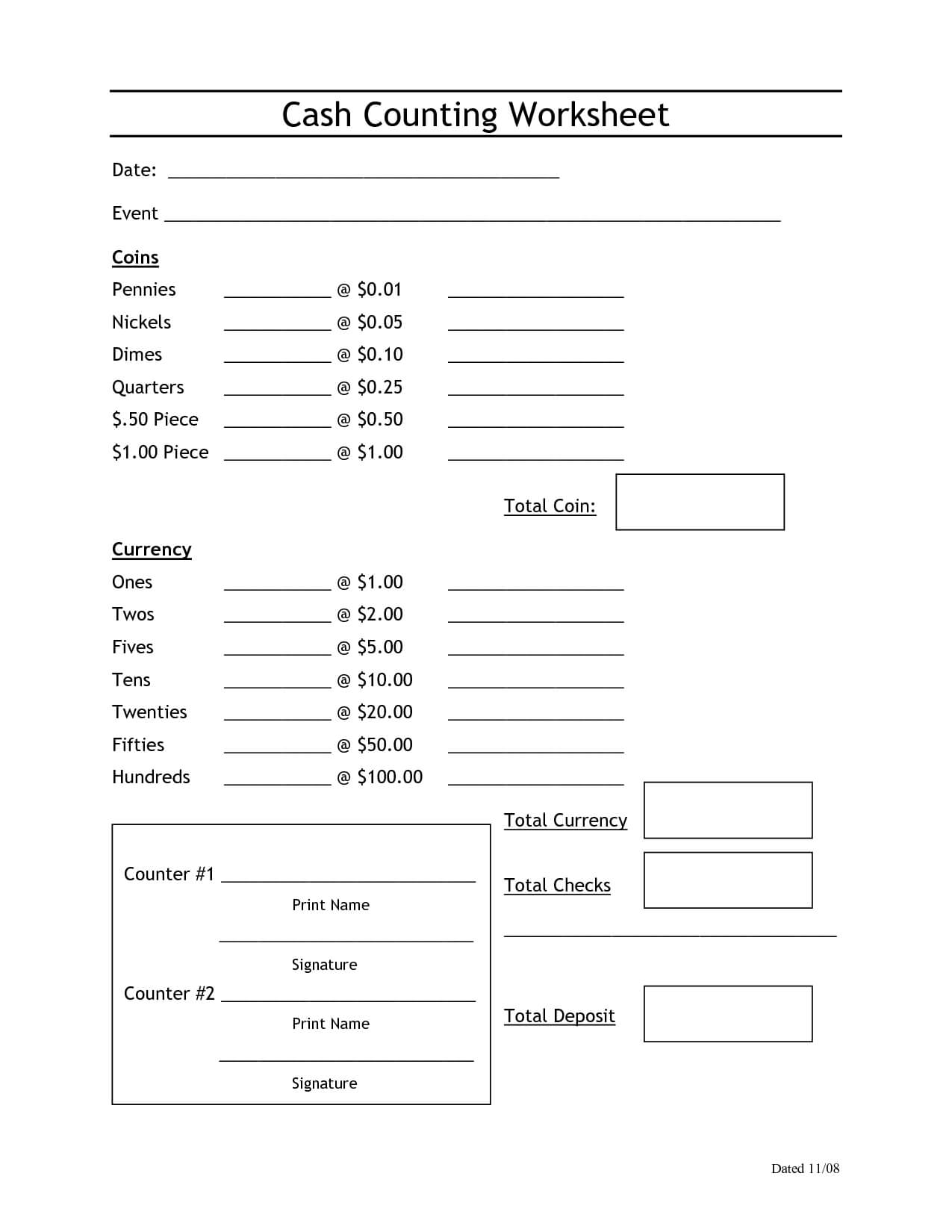 Cash Count Sheet Template | Balance Sheet Template, Balance In End Of Day Cash Register Report Template