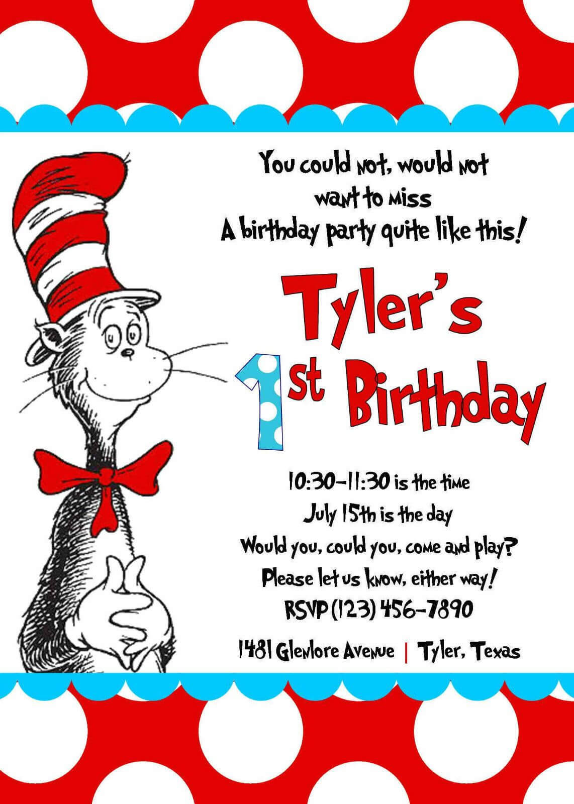Cat In The Hat Invitation Printed 5X7 Customized Birthday With Dr Seuss Birthday Card Template