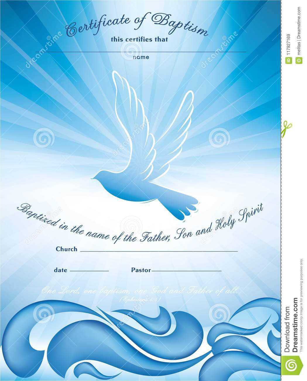 Certificate Baptism Template. With Waves Of Water And Dove Regarding Christian Baptism Certificate Template