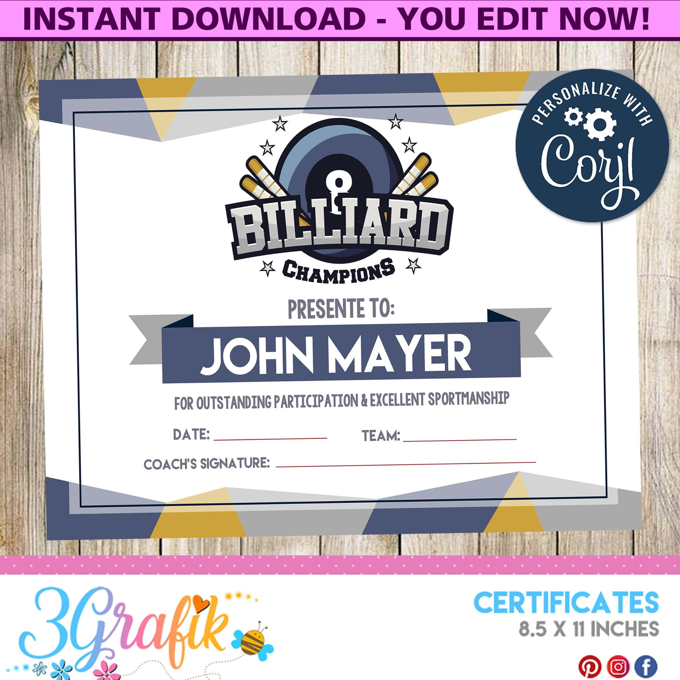 Certificate Billiard , Certificate, Billiard , Billiard In Swimming Certificate Templates Free