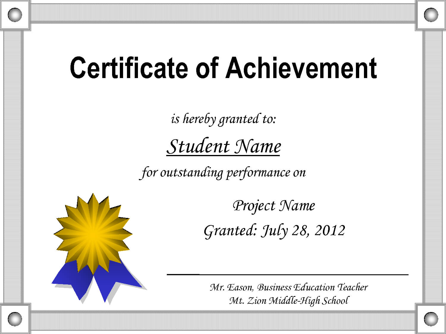 Certificate Of Achievement Template In Free Certificate Templates For Word 2007