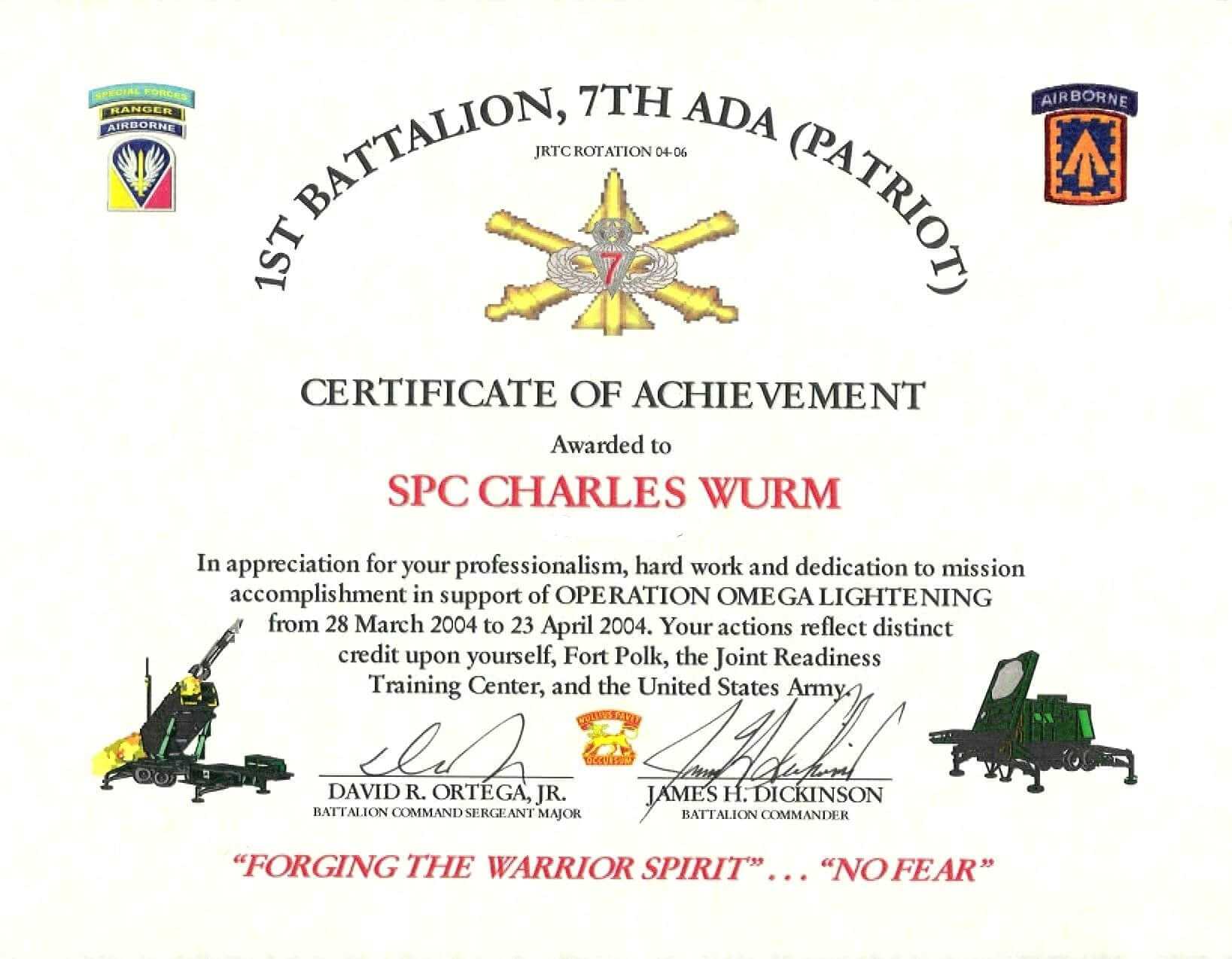 Certificate Of Appreciation Template Us Army Pertaining To Army Certificate Of Achievement Template