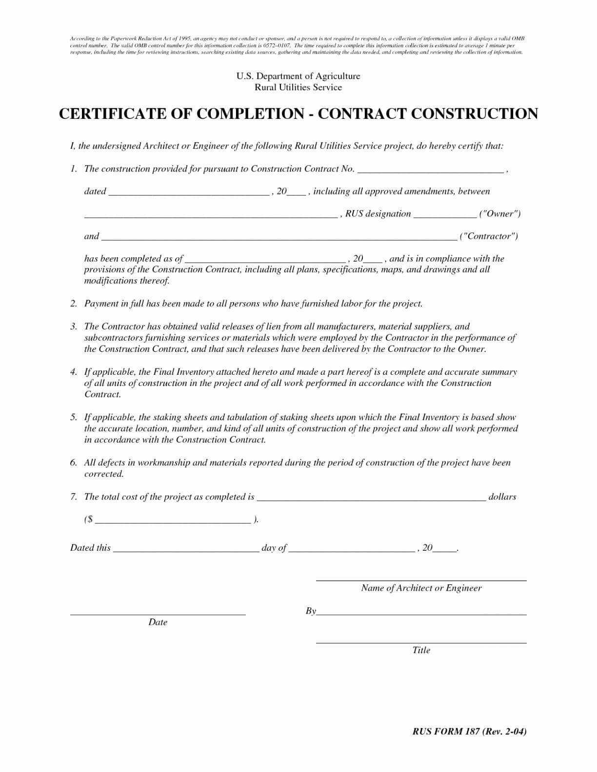 Certificate Of Completion Construction Sample Cool Letter Pertaining To Certificate Of Substantial Completion Template