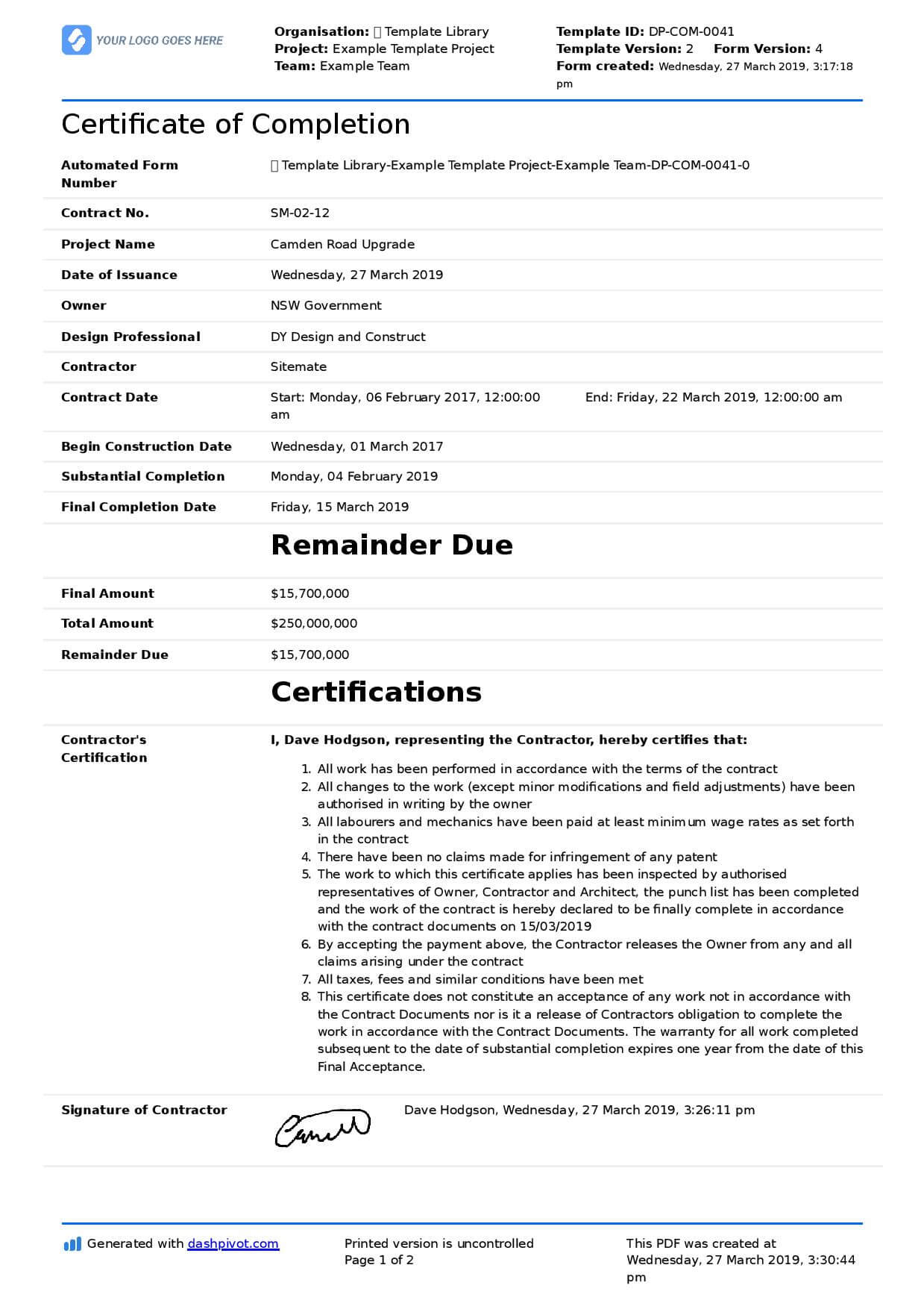 Certificate Of Completion For Construction (Free Template + Throughout Certificate Of Acceptance Template