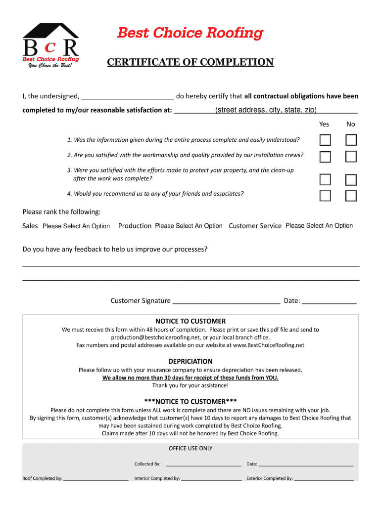 Certificate Of Completion For Roofing Job – Fill Online Throughout Roof Certification Template