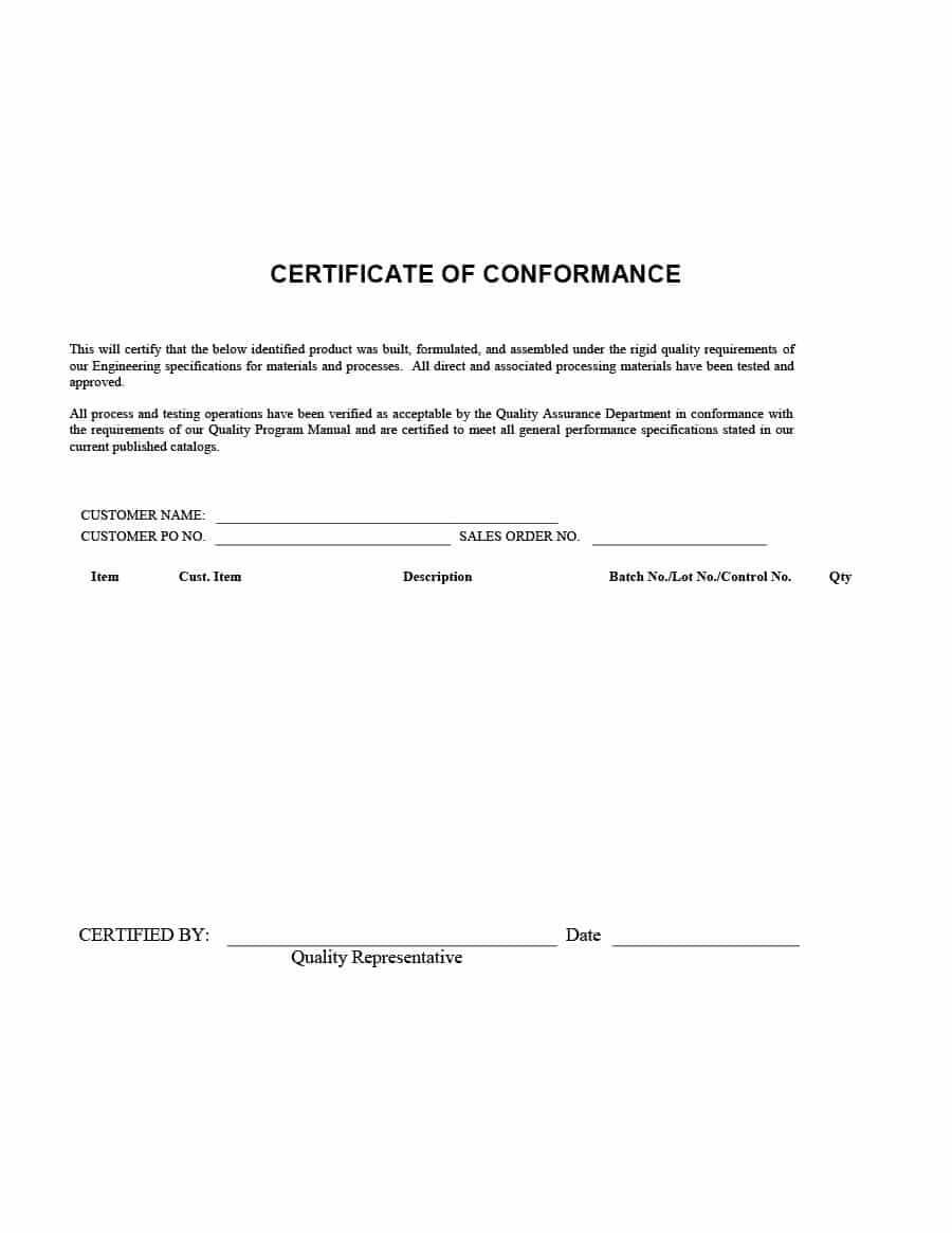 Certificate Of Conformance – 40 Free Certificate Of Pertaining To Certificate Of Conformance Template Free