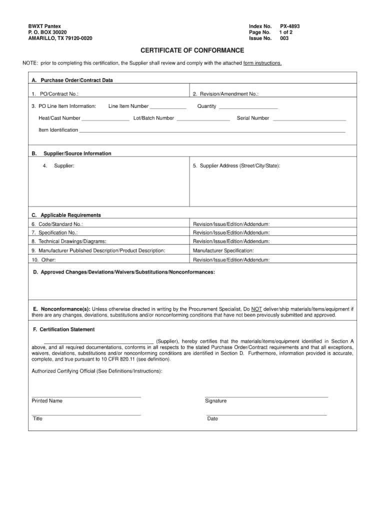 Certificate Of Conformance Template – Fill Online, Printable In Certificate Of Manufacture Template