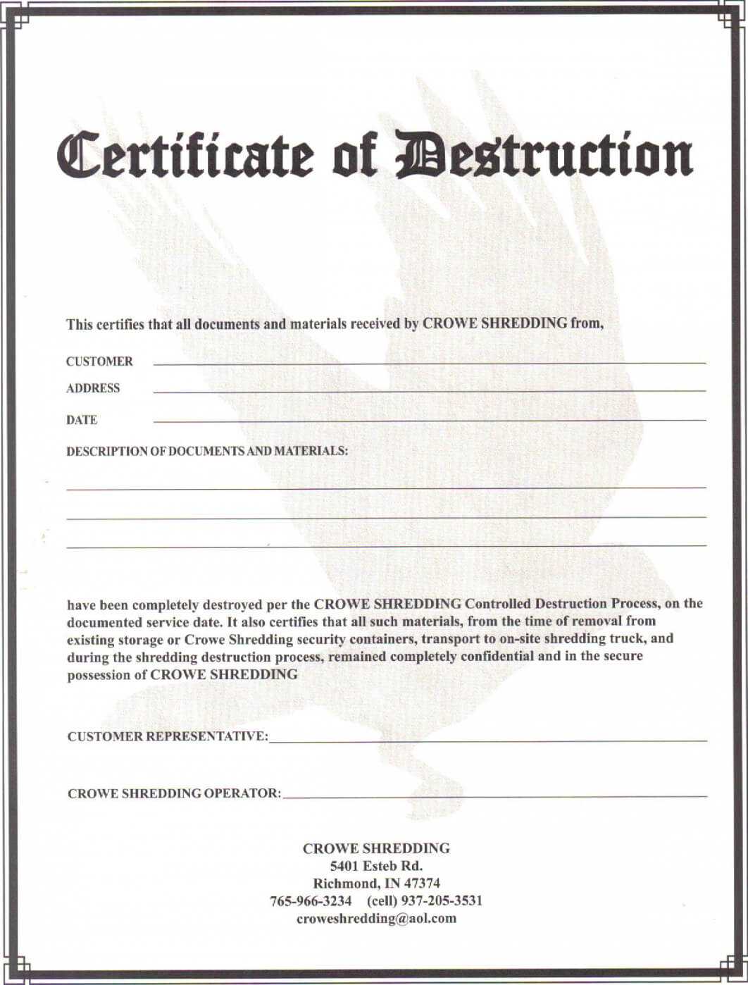 Certificate Of Data Destruction Template | Emetonlineblog In Free Certificate Of Destruction Template