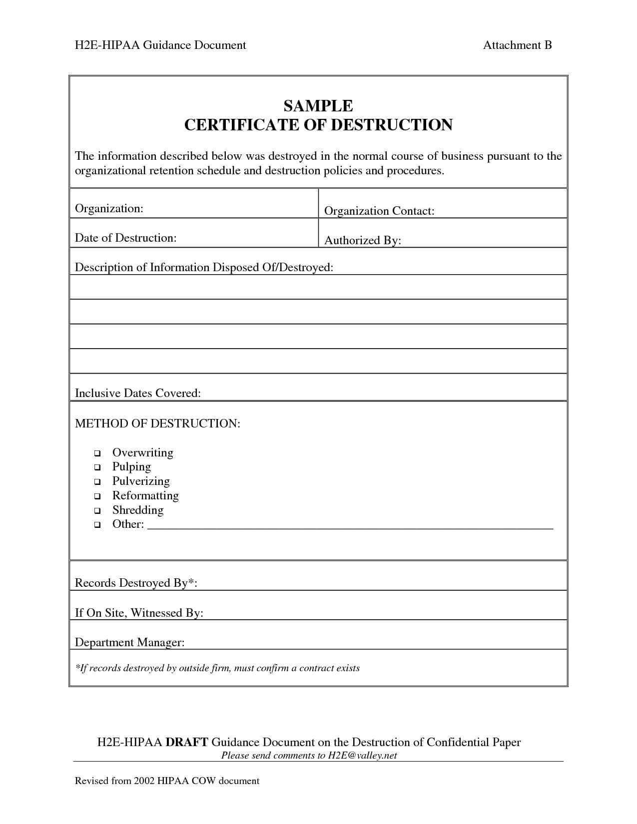 Certificate Of Destruction Template Word Intended For Destruction Certificate Template