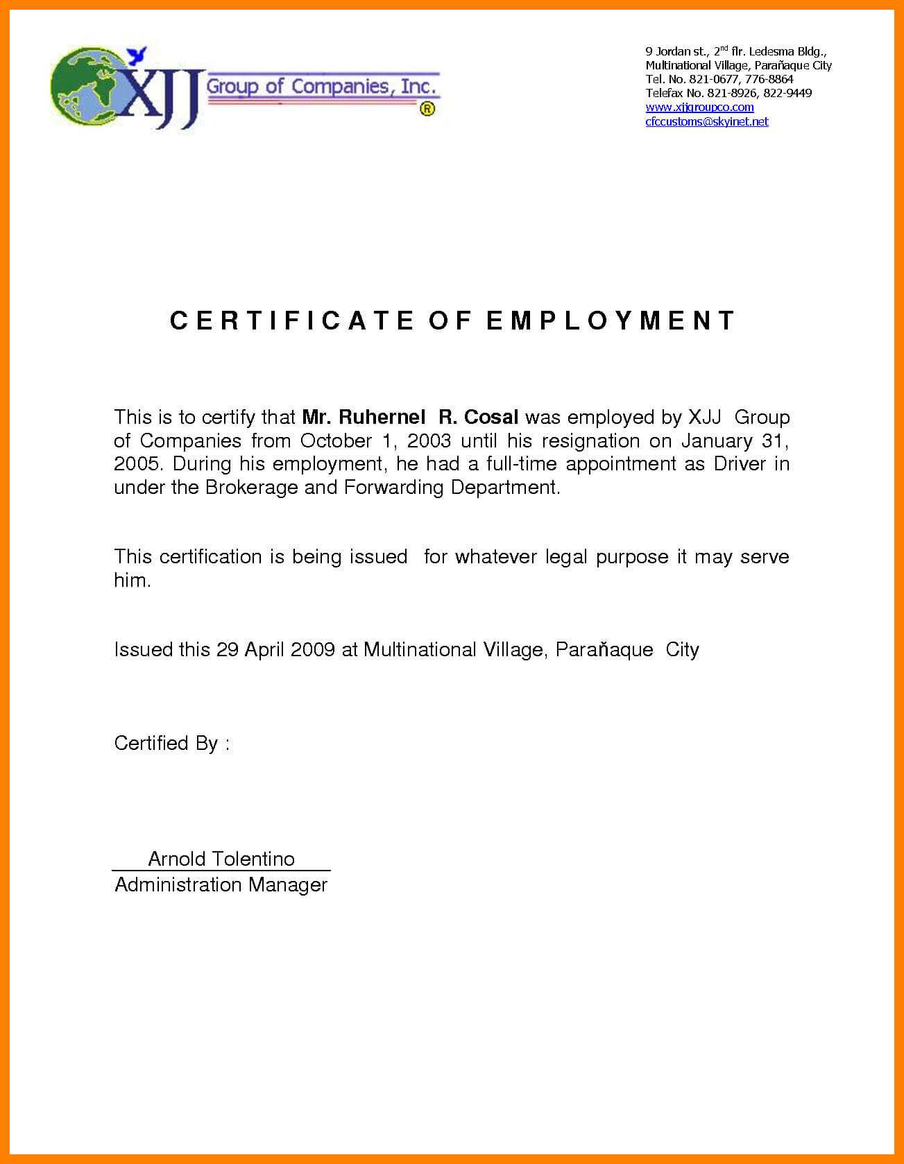 Certificate Of Employment Sample | Certificates Templates Free With Regard To Template Of Certificate Of Employment