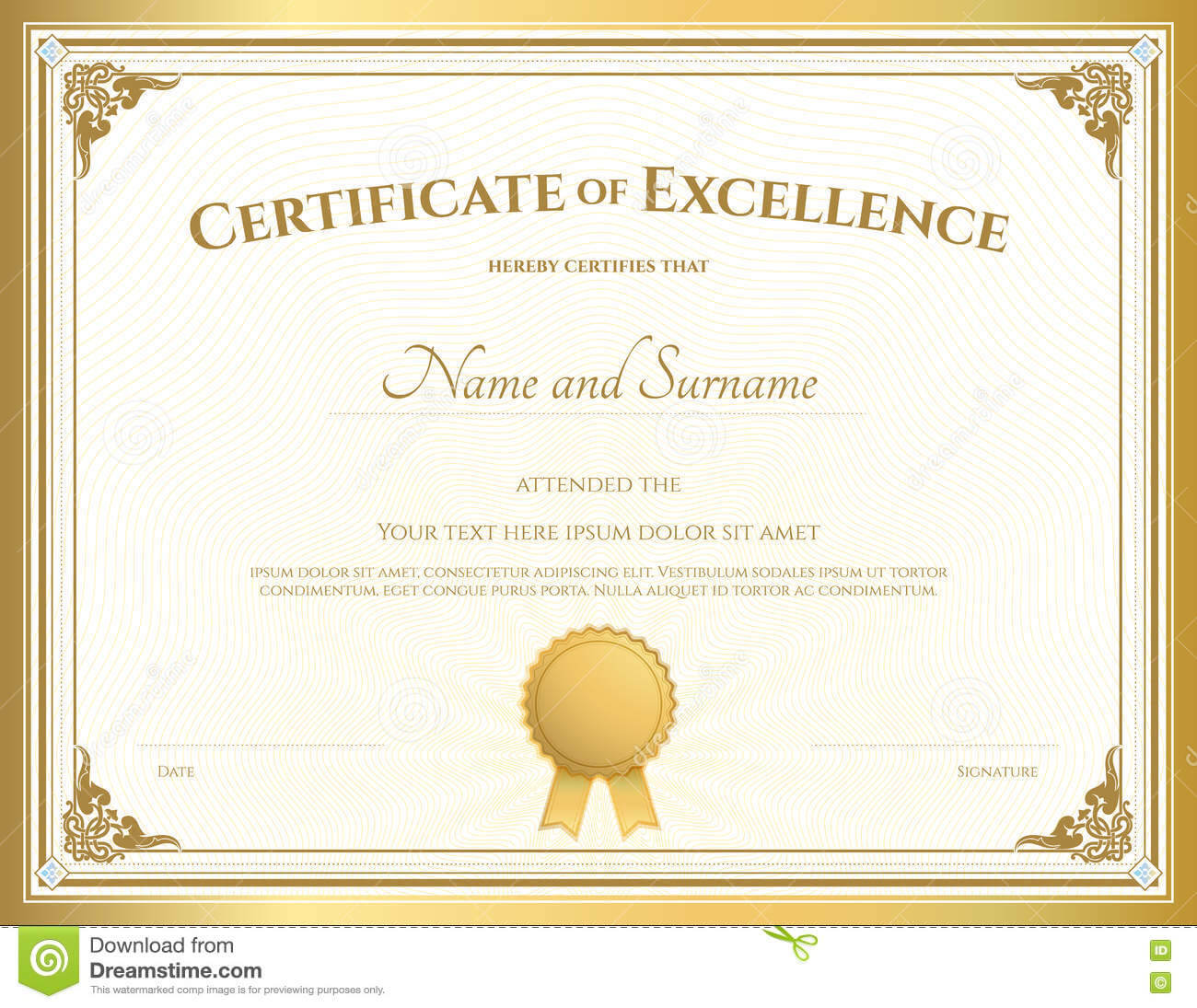 Certificate Of Excellence Template With Gold Border Stock Pertaining To Certificate Of Excellence Template Free Download