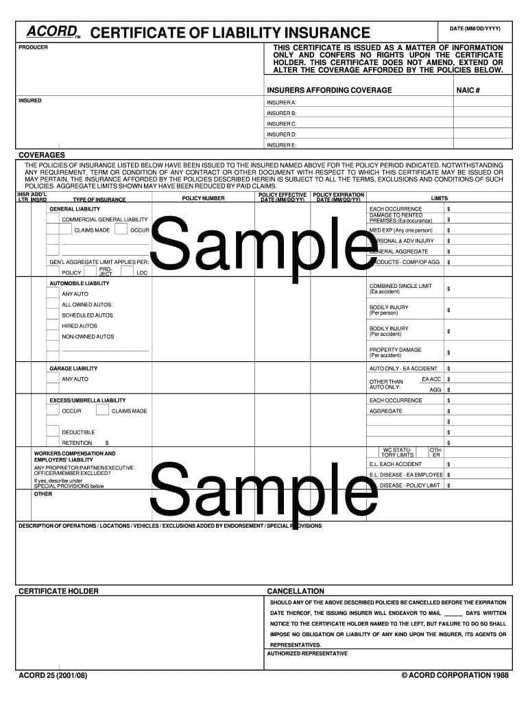 Certificate Of Insurance Template – Fill Online, Printable In Certificate Of Insurance Template