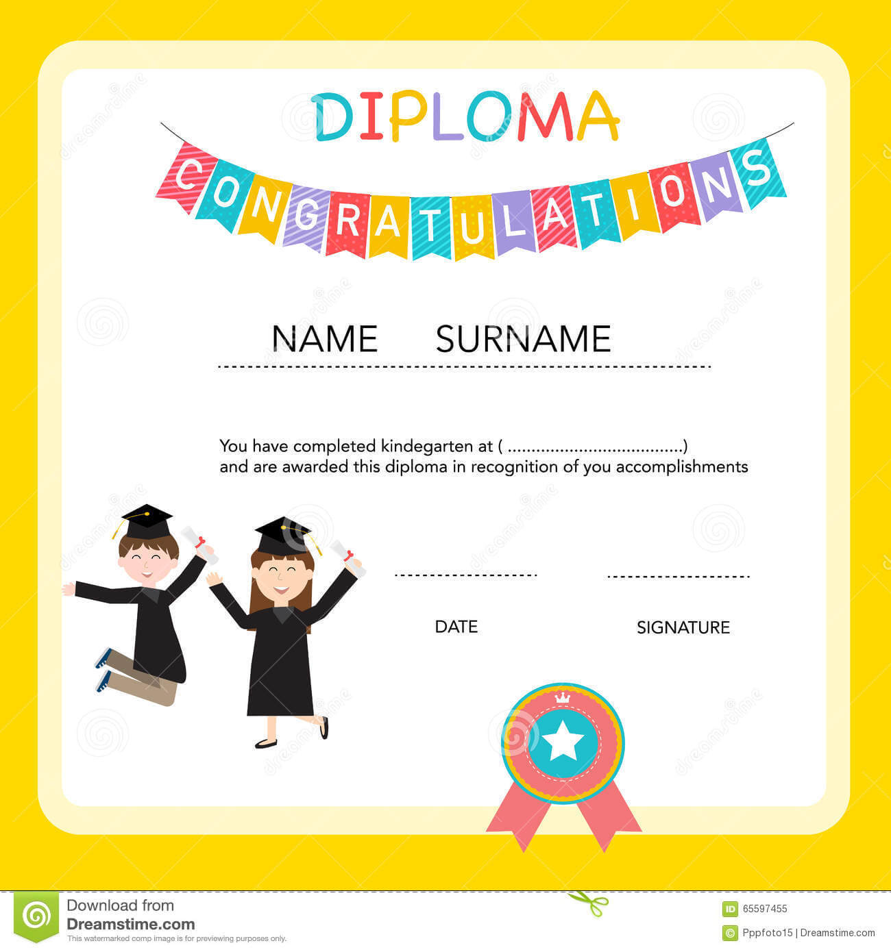 Certificate Of Kids Diploma, Preschool,kindergarten Template With Regard To Preschool Graduation Certificate Template Free