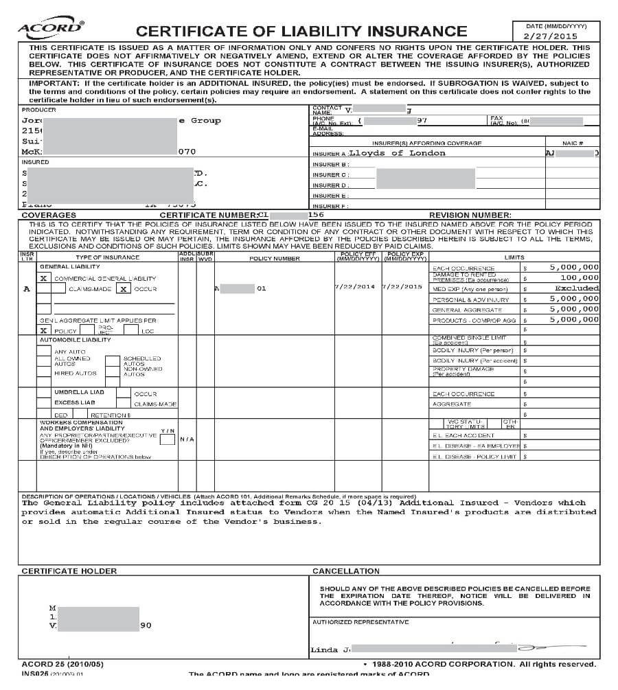 Certificate Of Liability Insurance Form California What Is In Acord Insurance Certificate Template