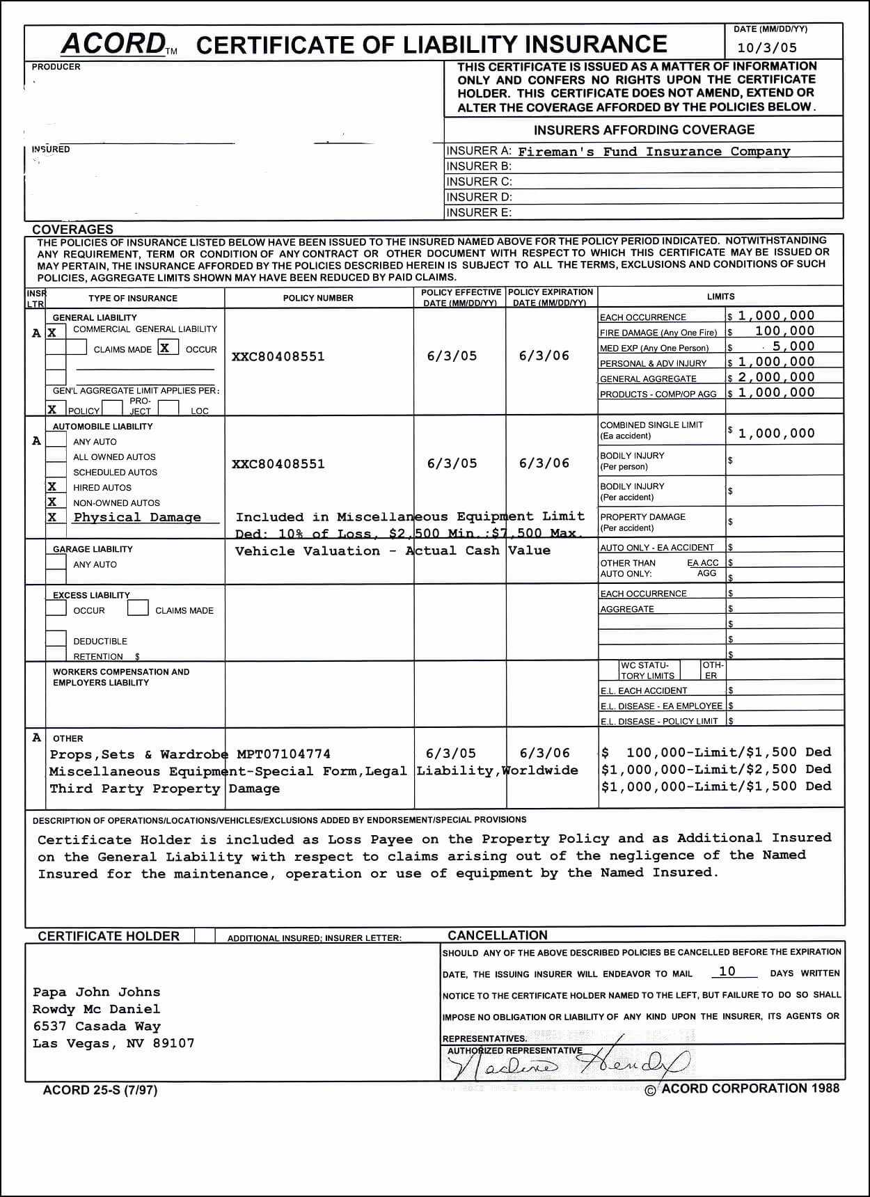 Certificate Of Liability Insurance Form | Legalregulationreview In Certificate Of Liability Insurance Template