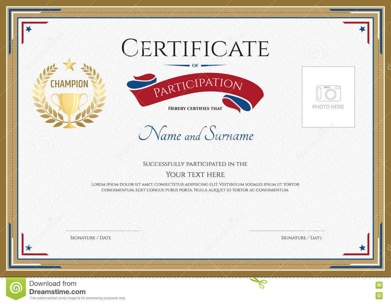 Certificate Of Participation Template In Sport Theme Stock Intended For Templates For Certificates Of Participation