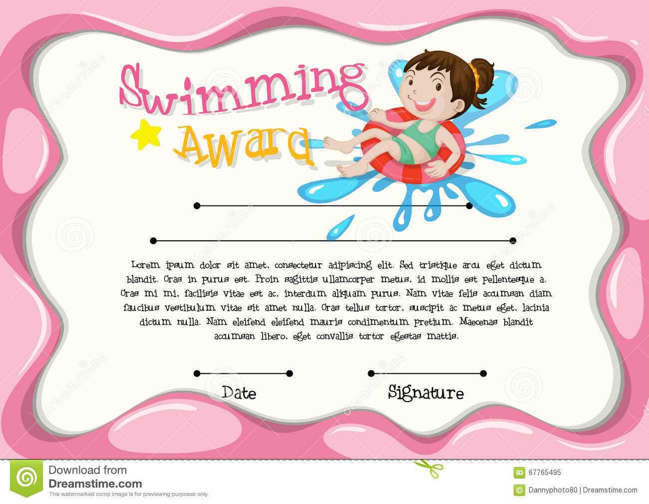 Certificate Template With Girl Swimming Stock Vector Inside Free Swimming Certificate Templates