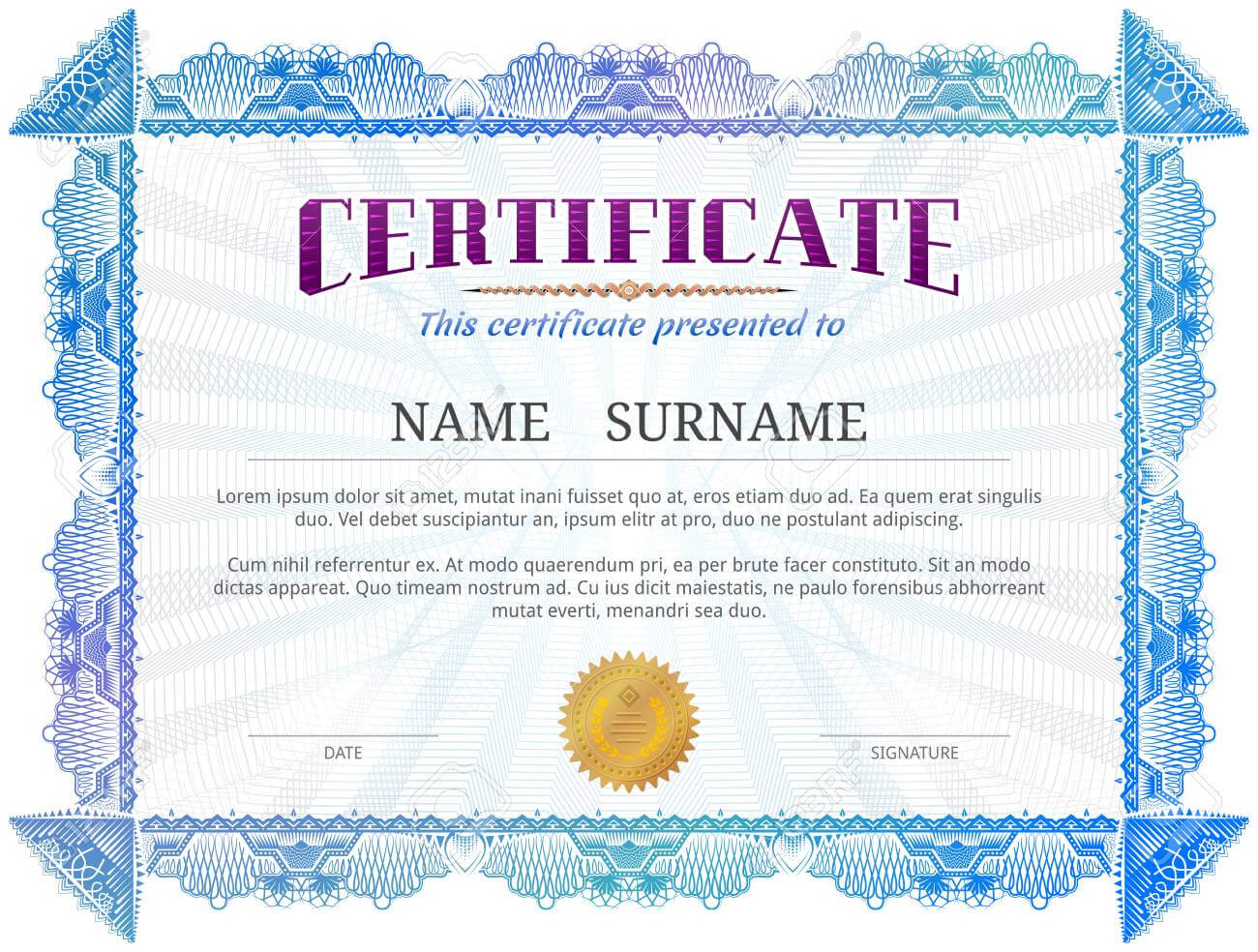 Certificate Template With Guilloche Elements. Blue Diploma Border.. Throughout Validation Certificate Template