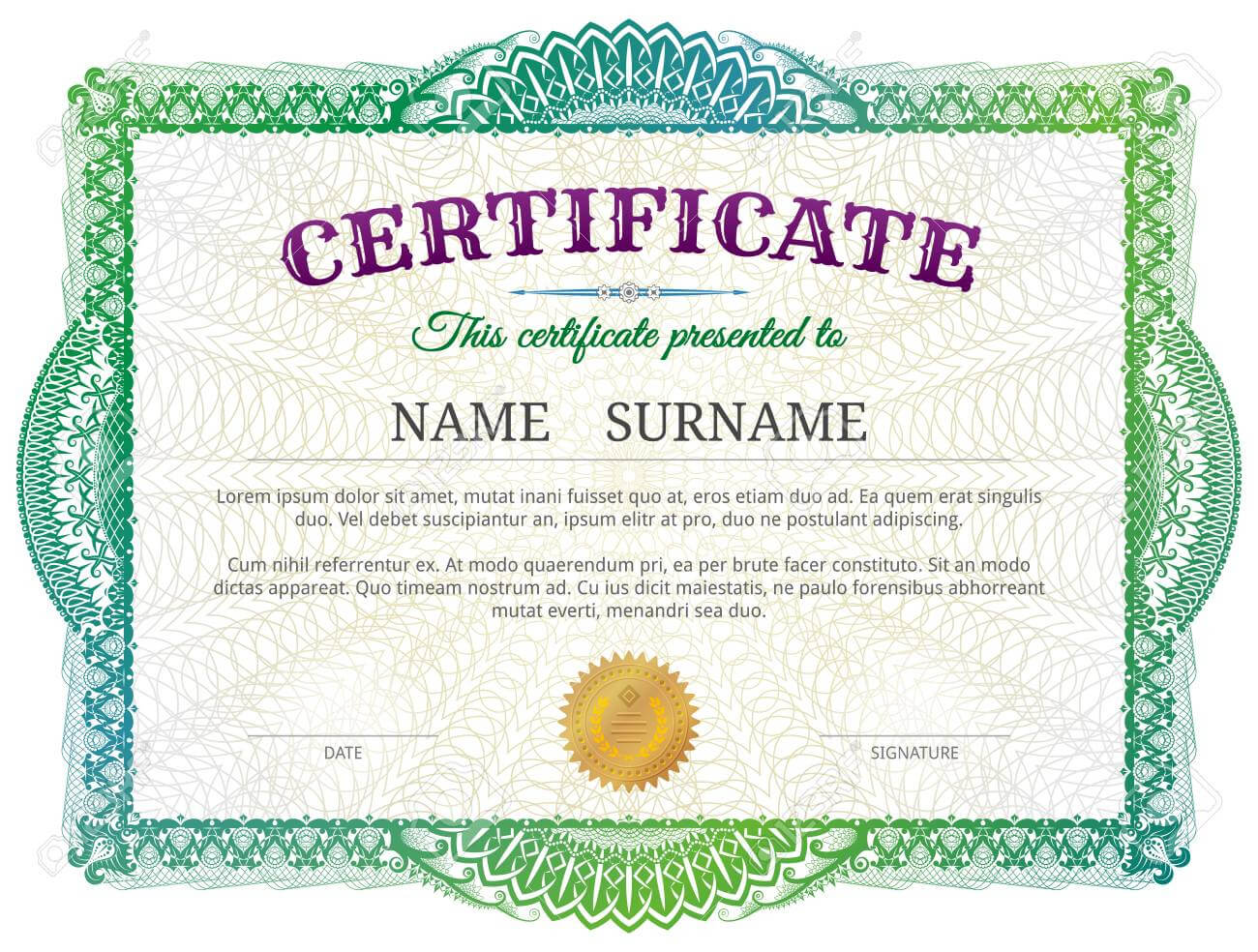 Certificate Template With Guilloche Elements. Green Diploma Border.. In Validation Certificate Template