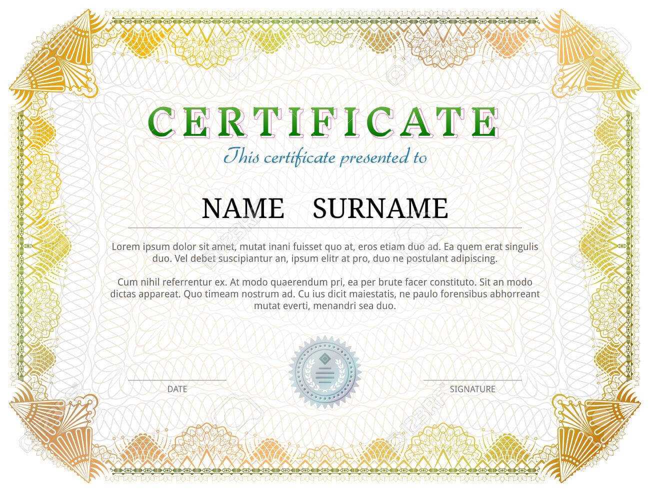 Certificate Template With Guilloche Elements. Yellow Diploma.. Intended For Validation Certificate Template