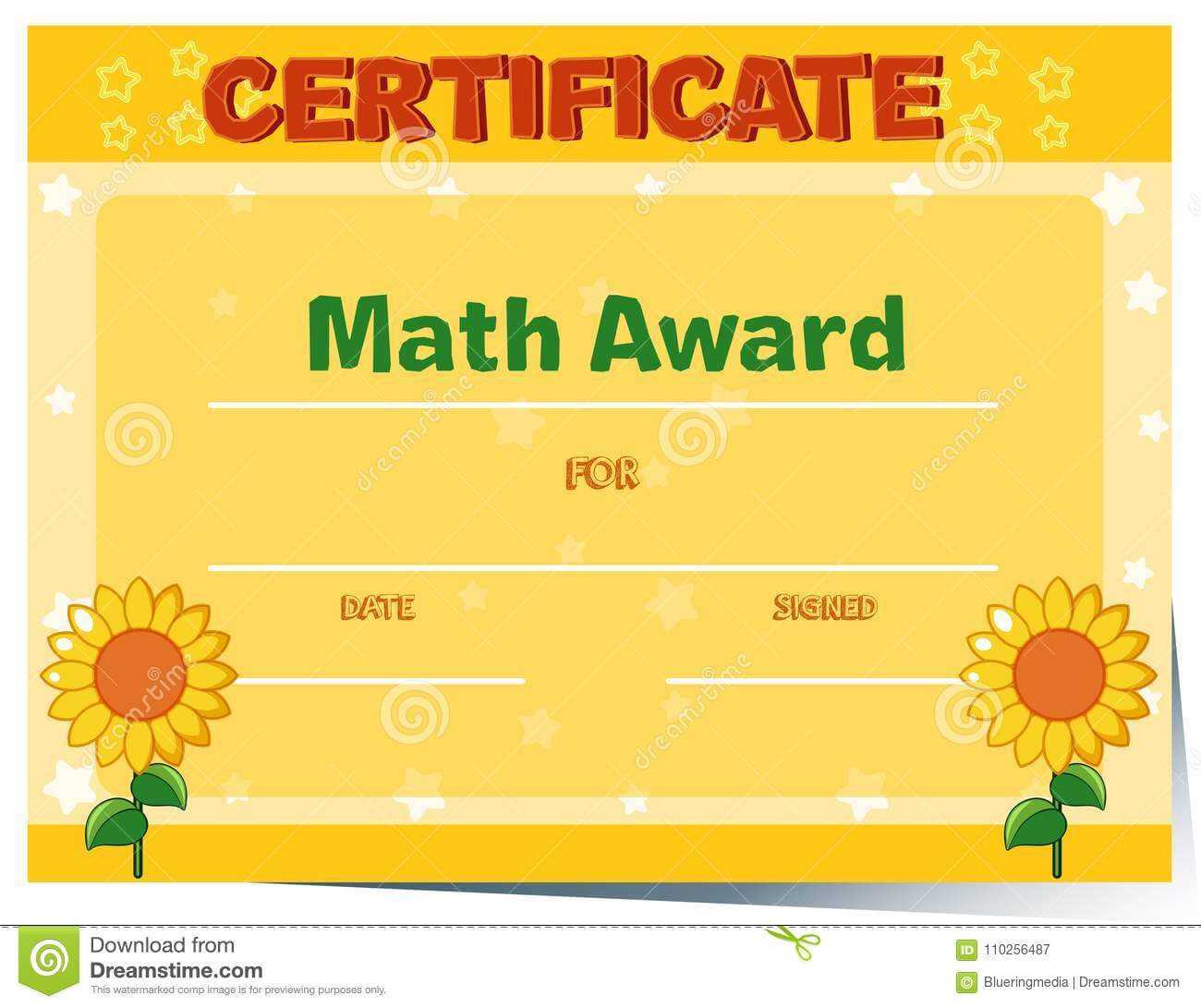 Certificate Template With Sunflowers In Background Stock Pertaining To Math Certificate Template