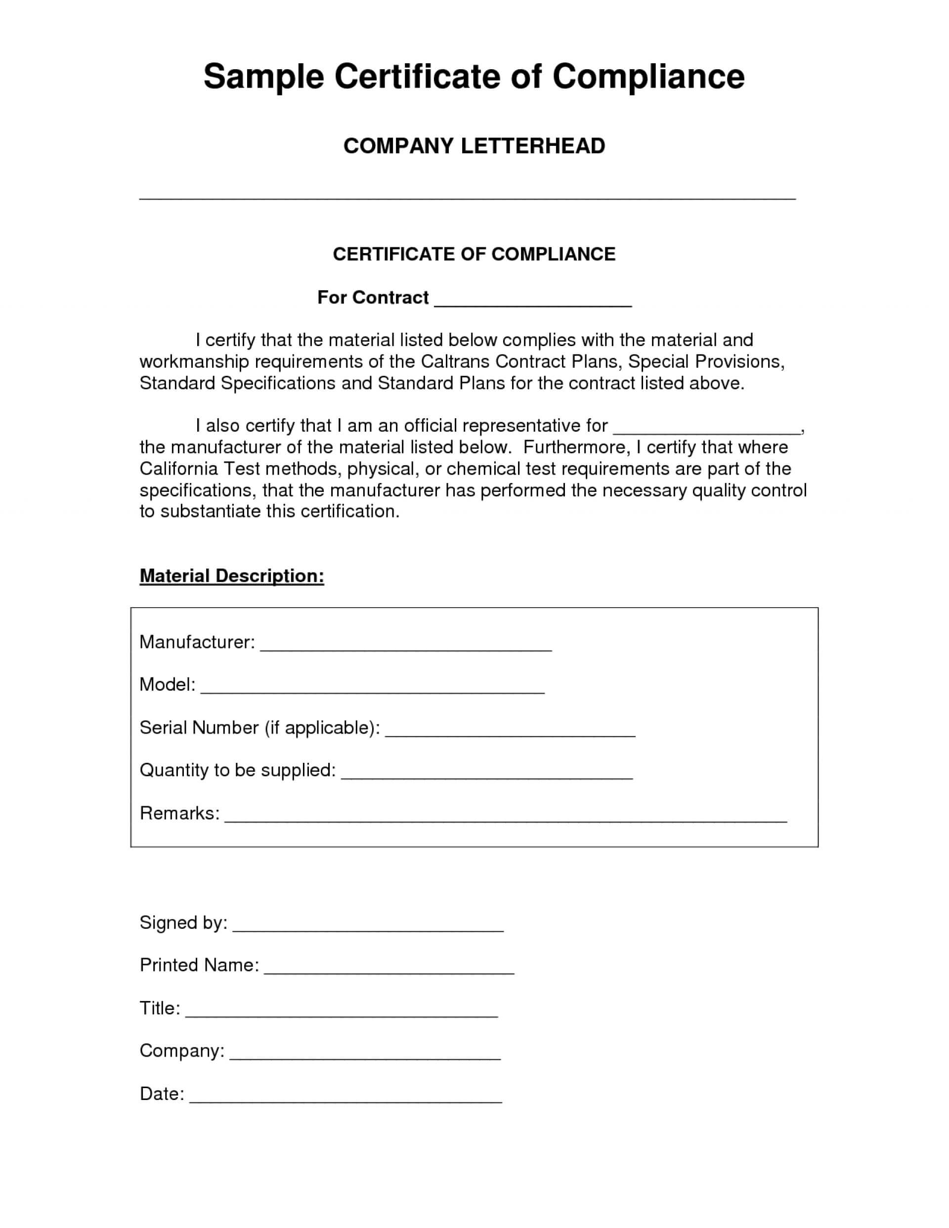 Certificate Templates: Certificate Of Compliance Template Intended For Certificate Of Compliance Template