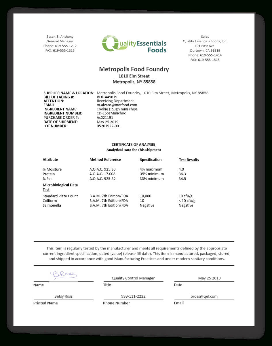 Certificates Of Analysis For Food – Quality Essentials Suite For Certificate Of Analysis Template