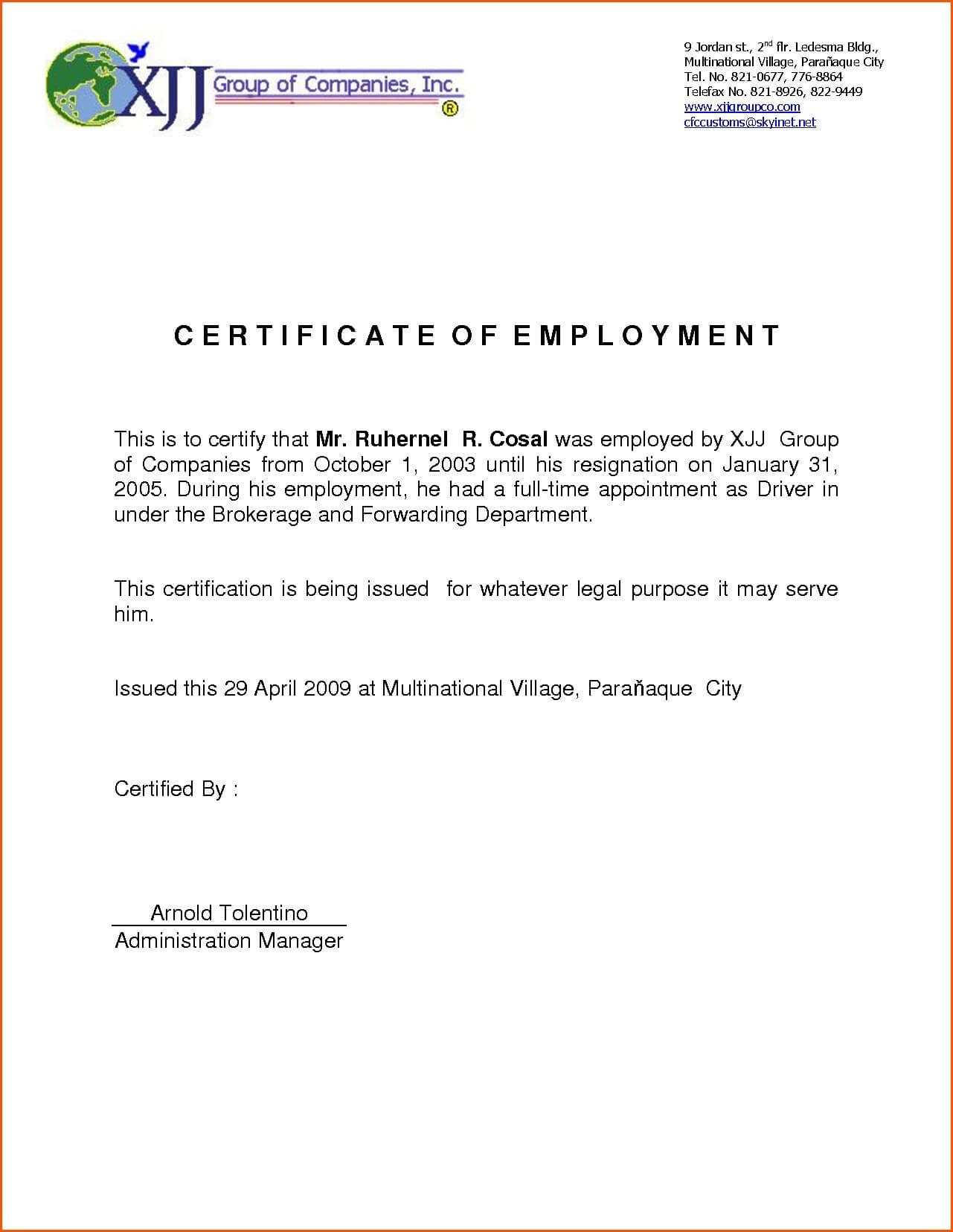 Certificates: Stunning Certificate Of Employment Template Intended For Template Of Certificate Of Employment