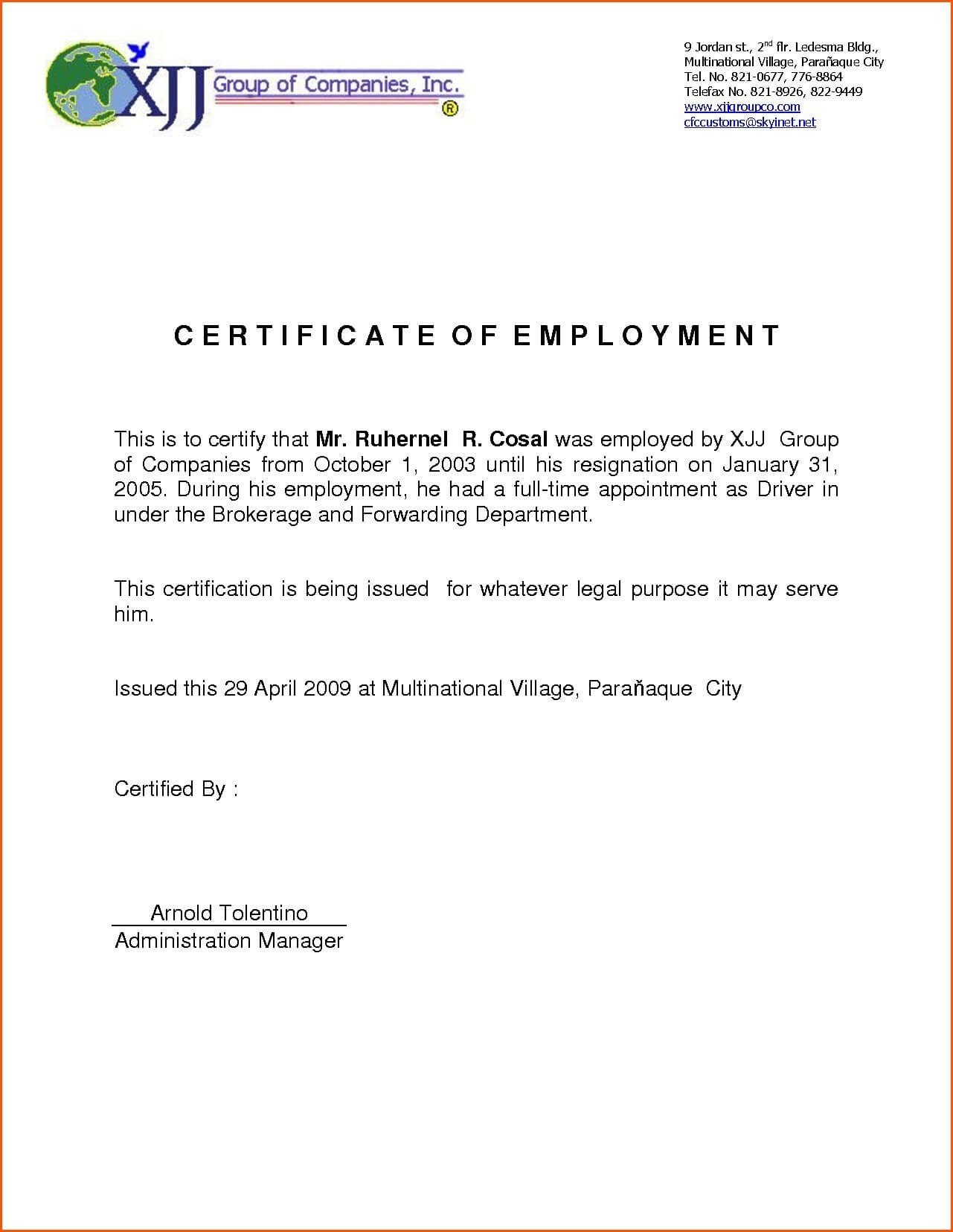 Certificates: Stunning Certificate Of Employment Template Pertaining To Sample Certificate Employment Template
