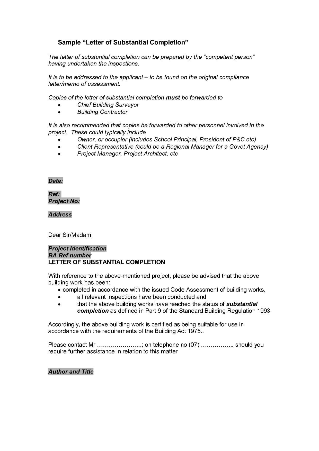 Certification Certificate Completion Construction Letter Regarding Certificate Of Substantial Completion Template